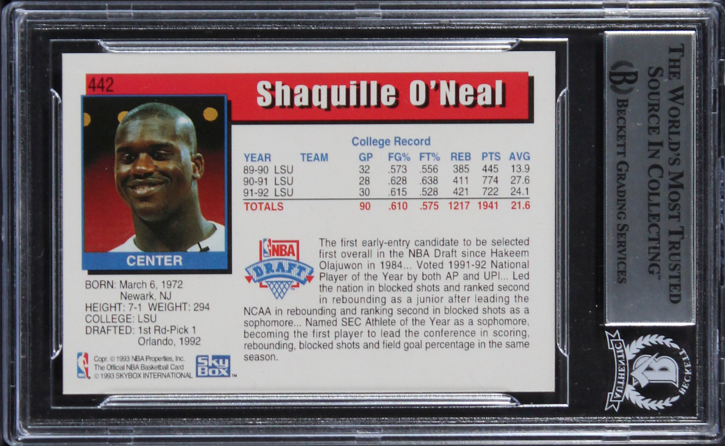 Magic Shaquille O'Neal Authentic Signed 1992 Hoops #442 Rookie Card BAS Slabbed