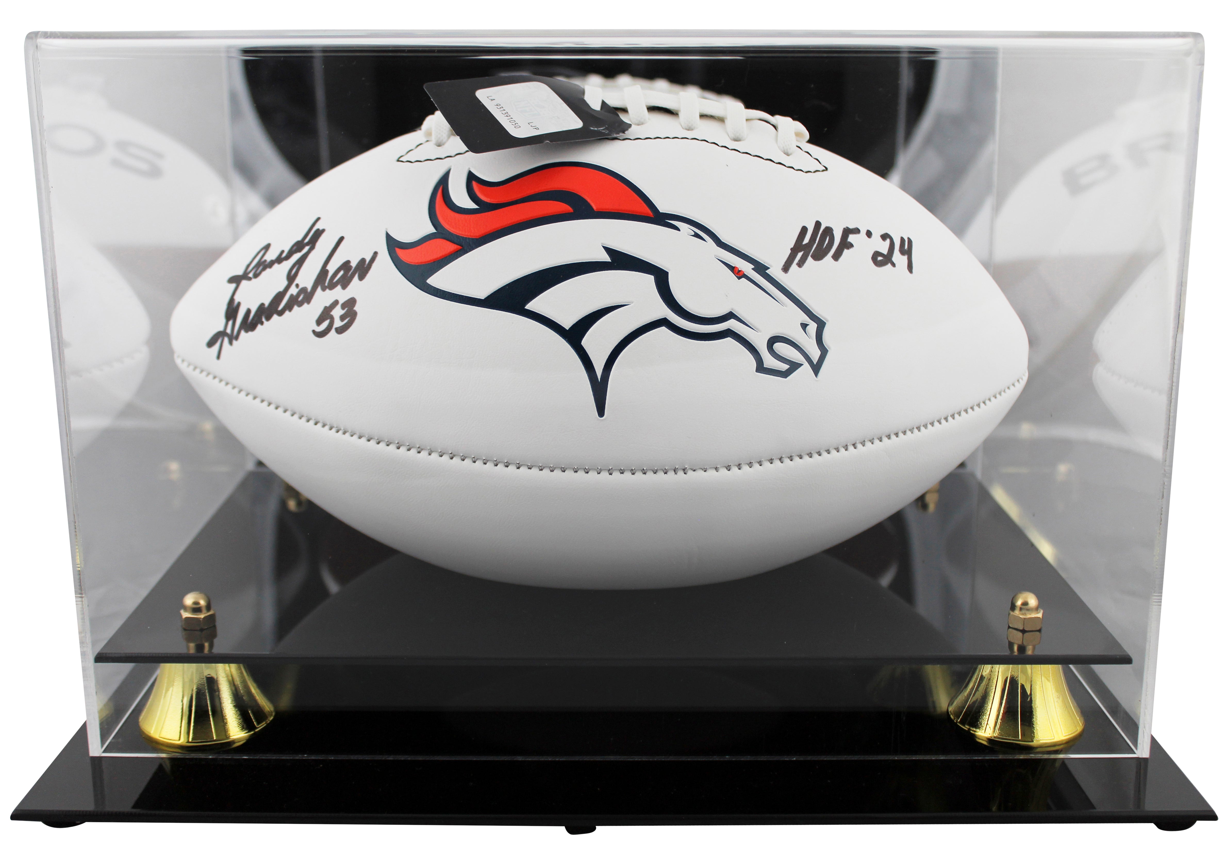 Broncos Randy Gradishar "HOF 24" Signed White Panel Logo Football W/ Case BAS W