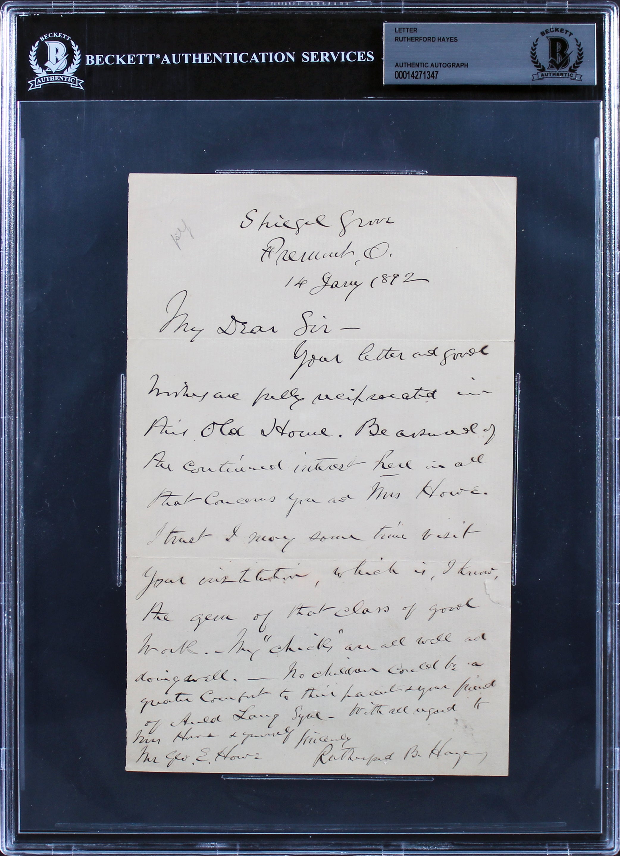 Rutherford B. Hayes Authentic Signed 5.5x8.5 1892 Handwritten Letter BAS Slabbed