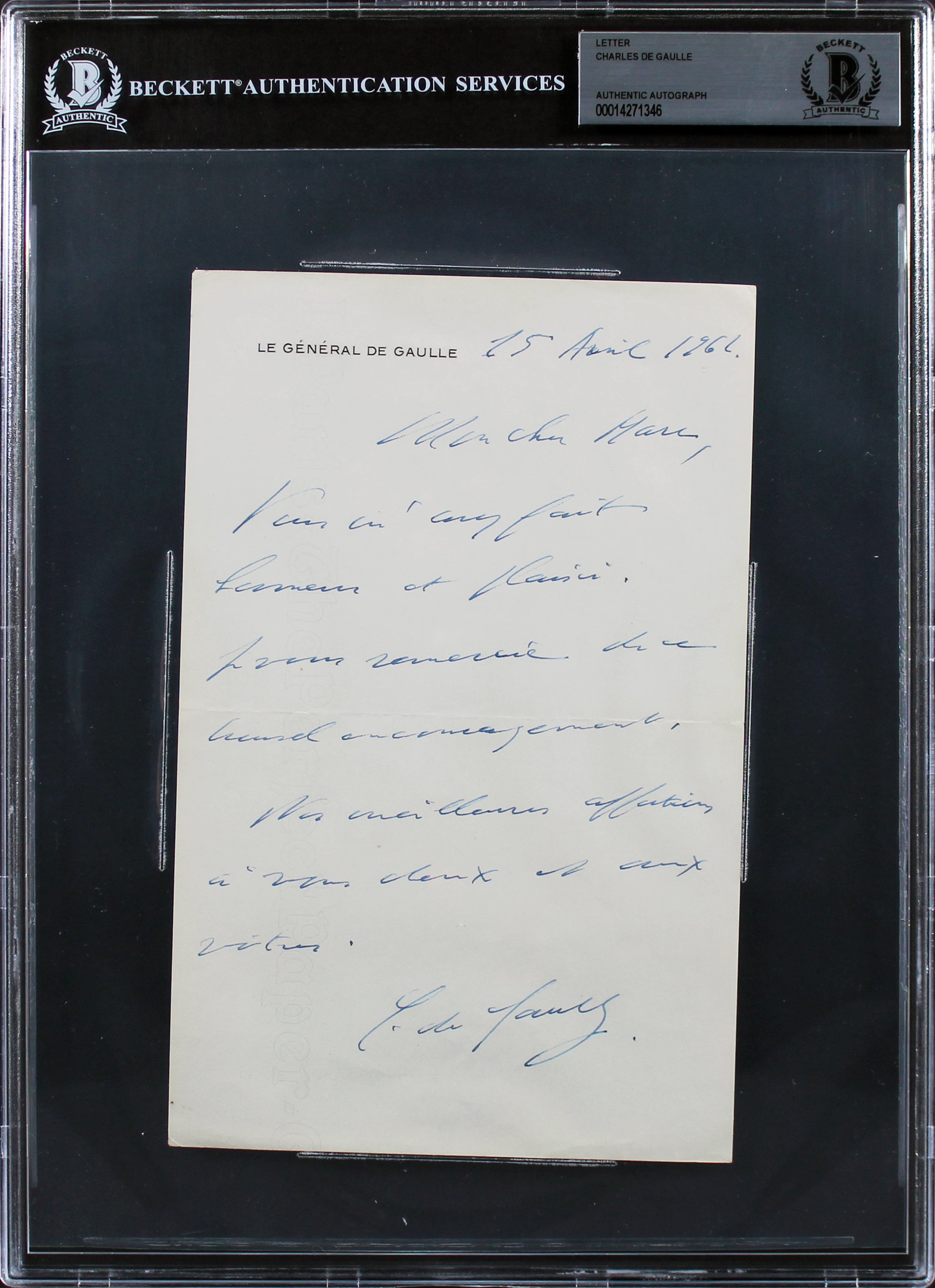 Charles De Gaulle Authentic Signed 5.25x8.25 1962 Handwritten Letter BAS Slabbed