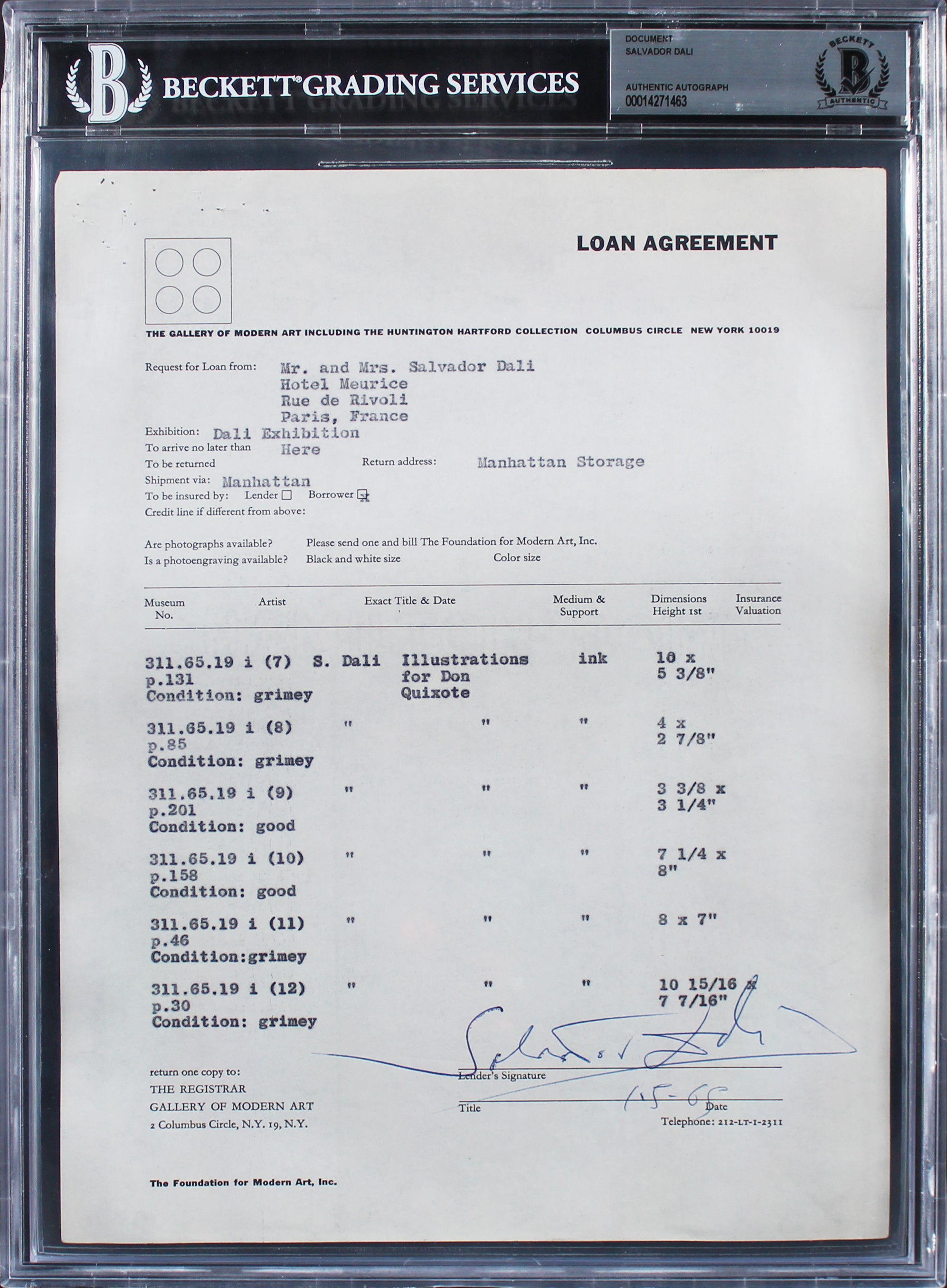 Salvador Dali Authentic Signed Loan Contract Dated January 5, 1965 BAS Slabbed