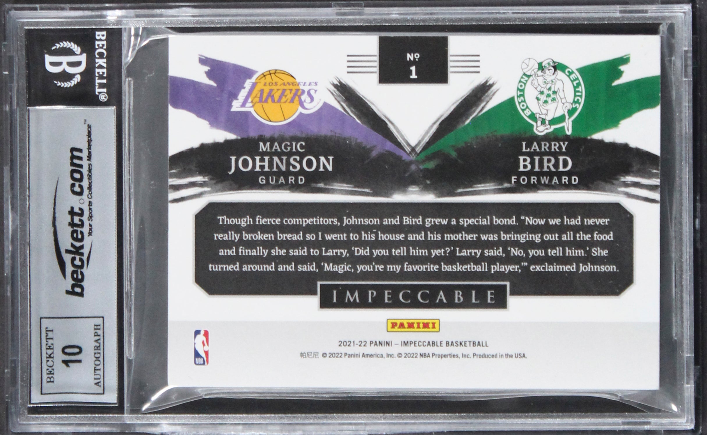 Magic Johnson Larry Bird Signed '21 Panini Silver #1 16/20 Card Auto 10 BAS Slab