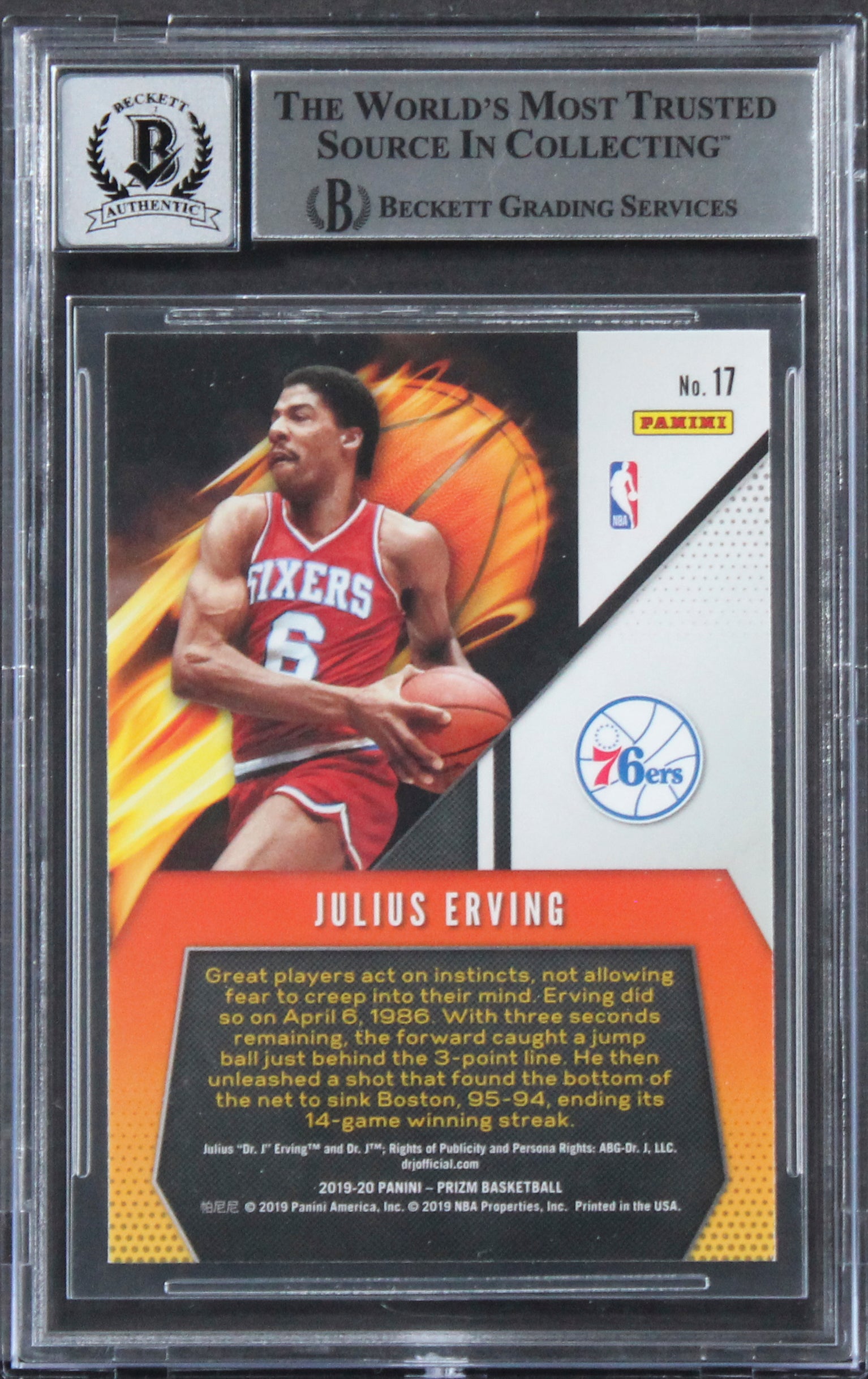 76ers Julius "Dr. J." Erving Signed 2019 Panini Prizm #17 Card Auto 10! BAS Slab