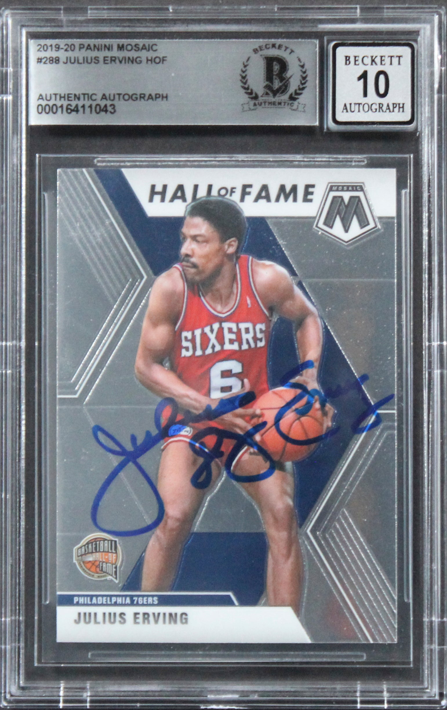 76ers Julius "Dr. J" Erving Signed 2019 Panini Mosaic #288 Card Auto 10 BAS Slab