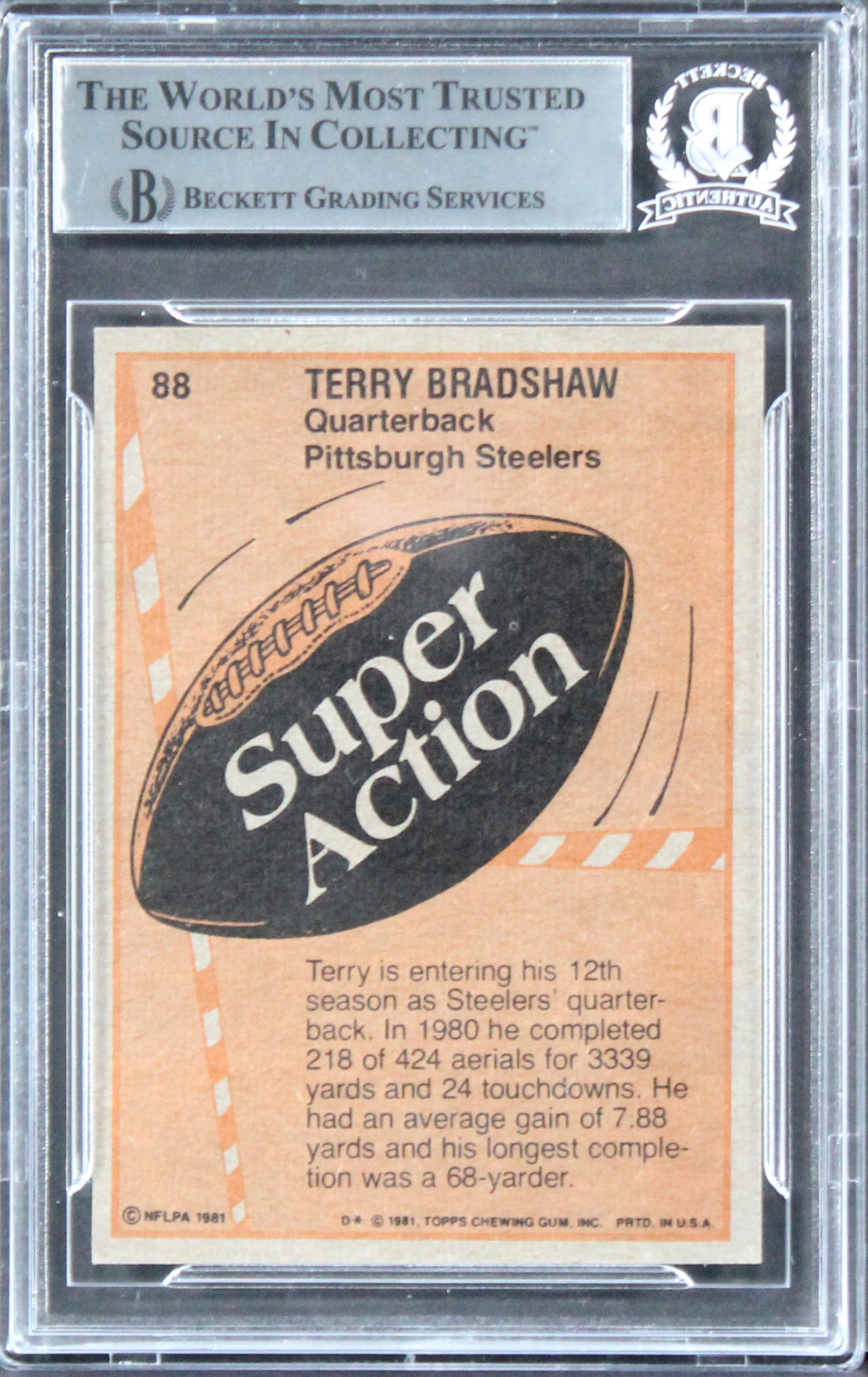 Steelers Terry Bradshaw Authentic Signed 1981 Topps #88 Card BAS Slabbed