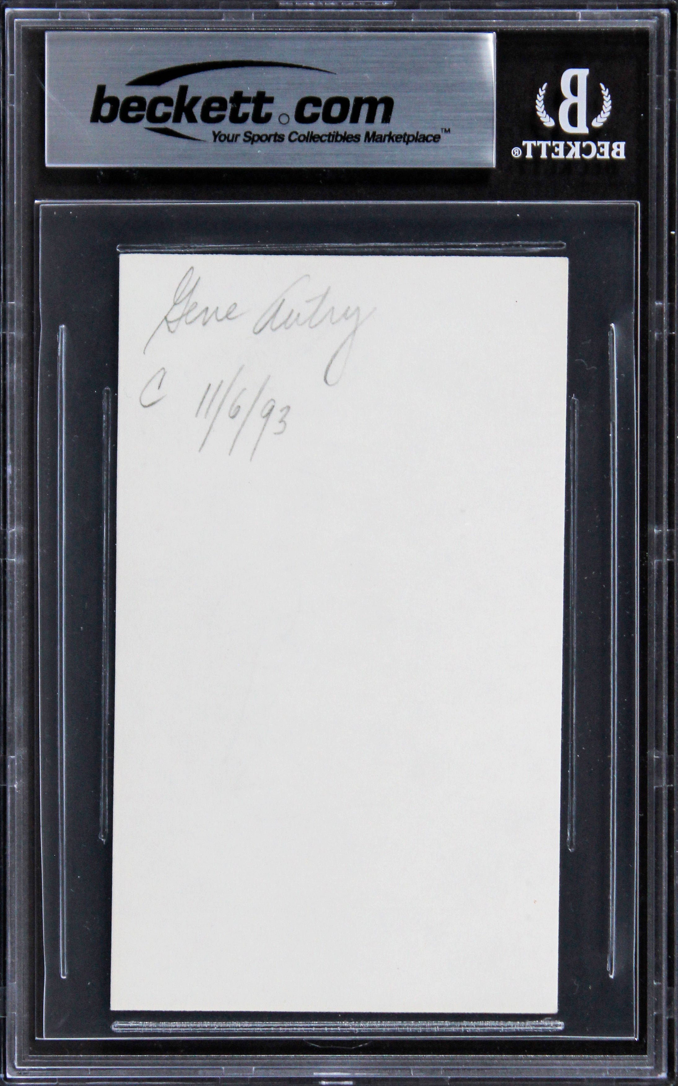 Gene Autry The Old Corral Authentic Signed 3x5 Index Card BAS Slabbed