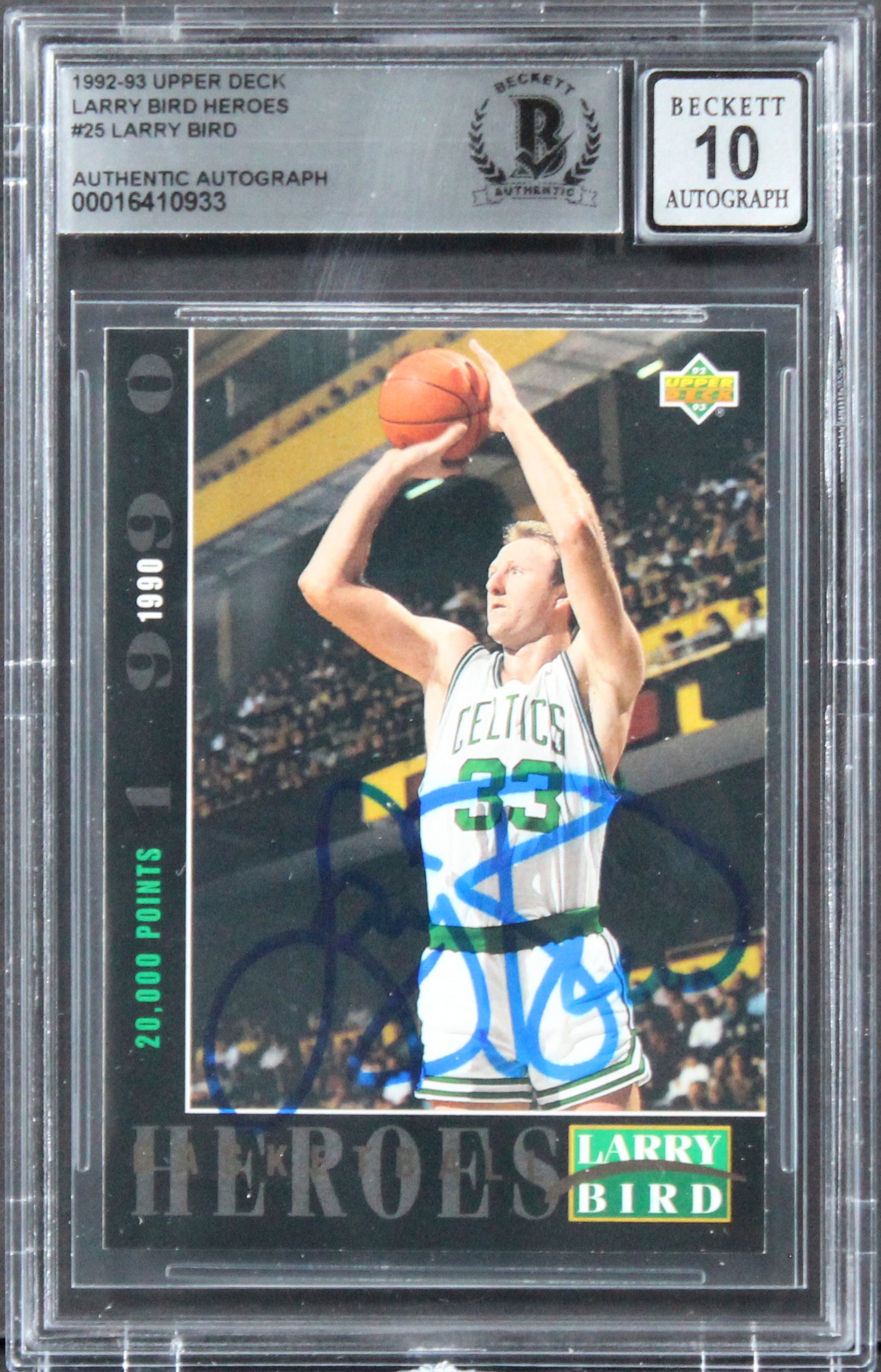 Celtics Larry Bird Signed 1992 Upper Deck Heroes #25 Card Auto 10! BAS Slabbed
