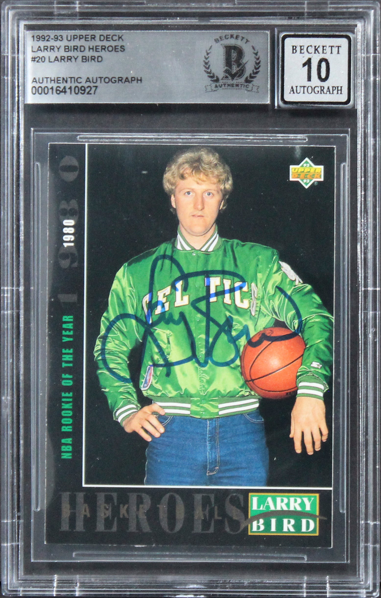 Celtics Larry Bird Signed 1992 Upper Deck Heroes #20 Card Auto 10! BAS Slabbed