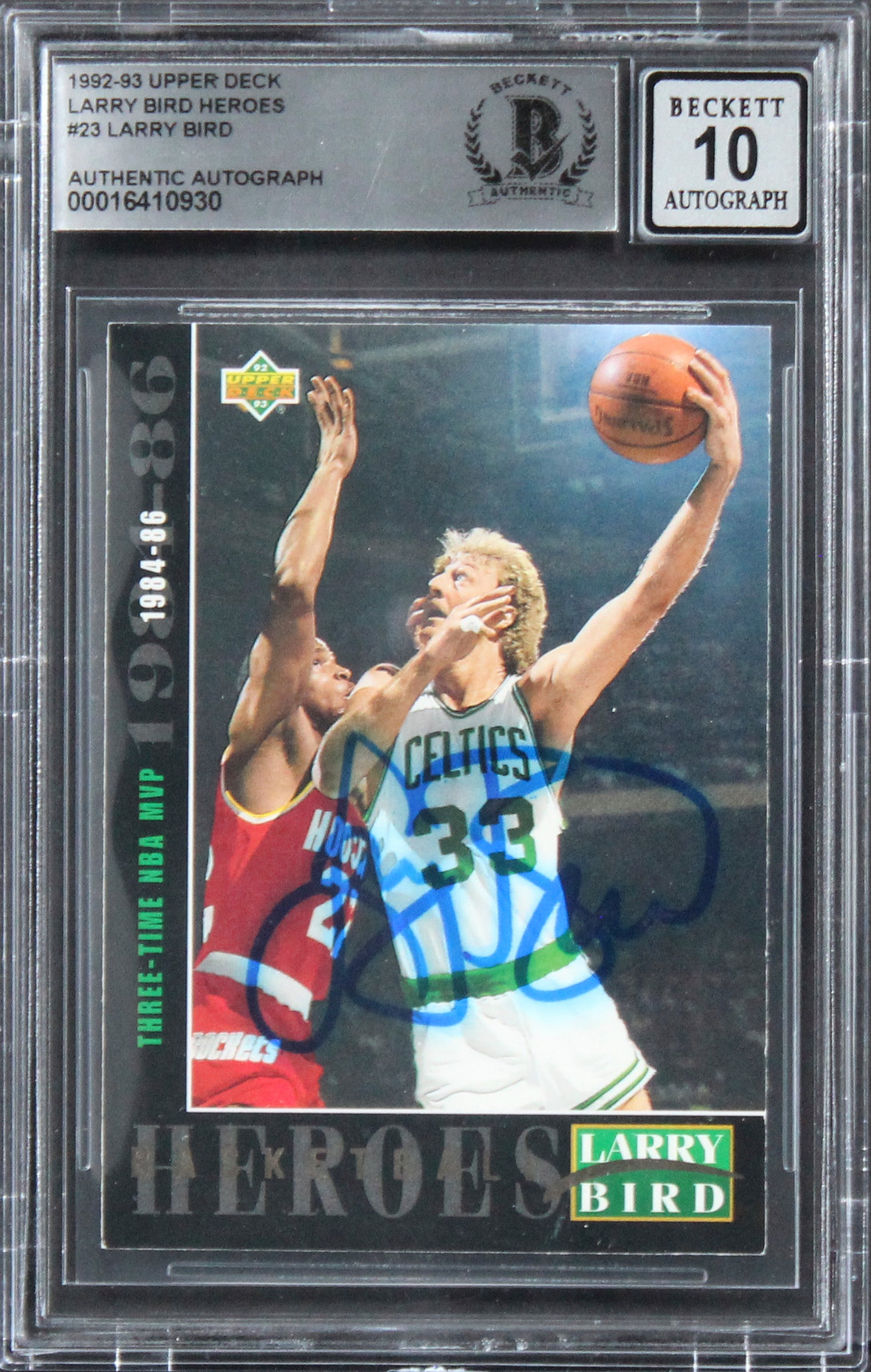 Celtics Larry Bird Signed 1992 Upper Deck Heroes #23 Card Auto 10! BAS Slabbed