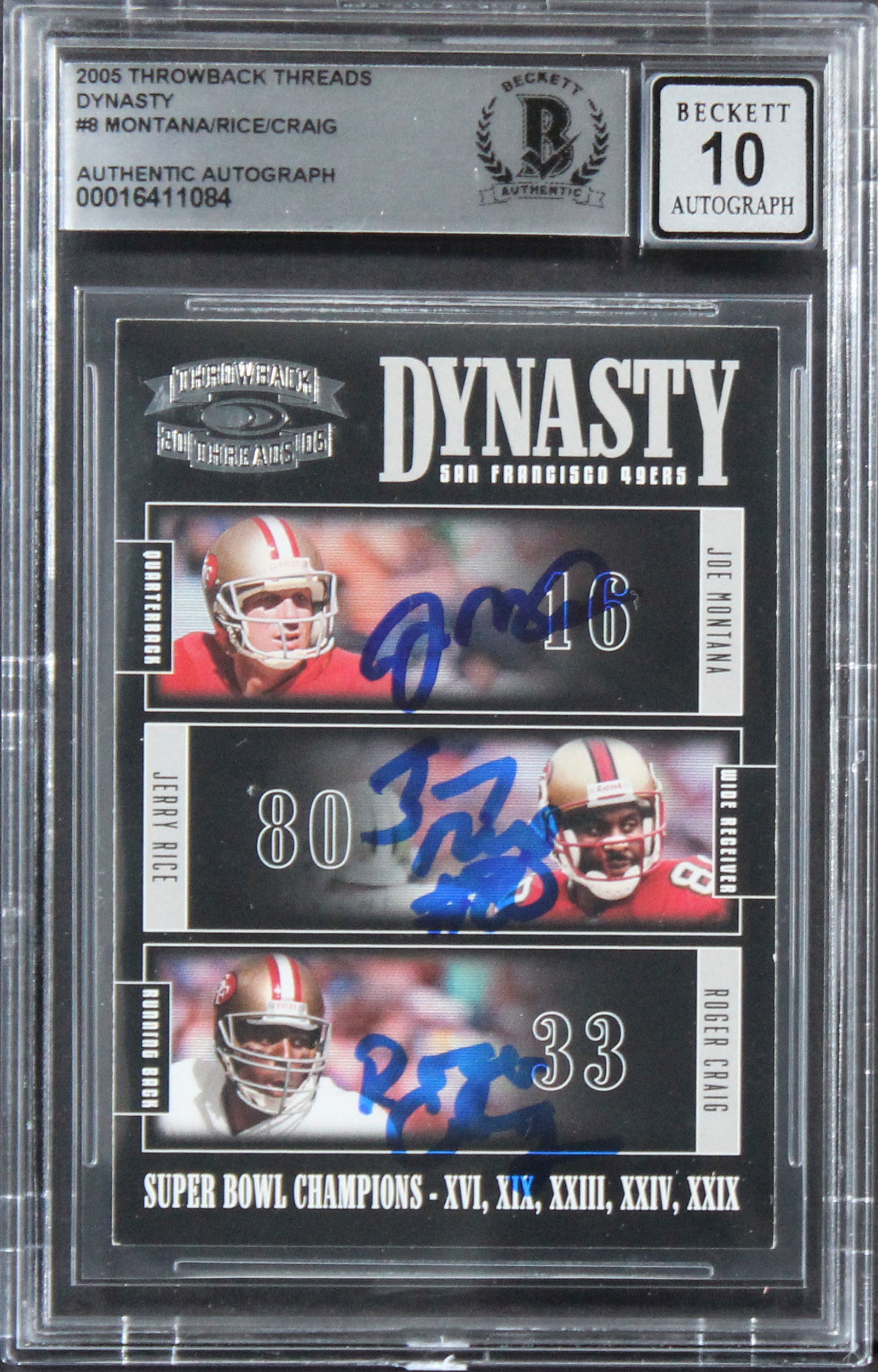 49ers (3) Montana, Rice & Craig Signed 2005 TB Threads #8 Card Auto 10! BAS Slab