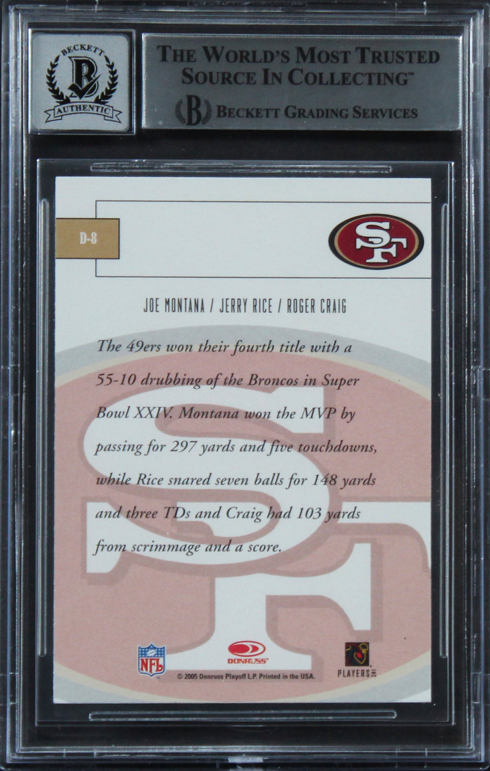 49ers (3) Montana, Rice & Craig Signed 2005 TB Threads #8 Card Auto 10! BAS Slab