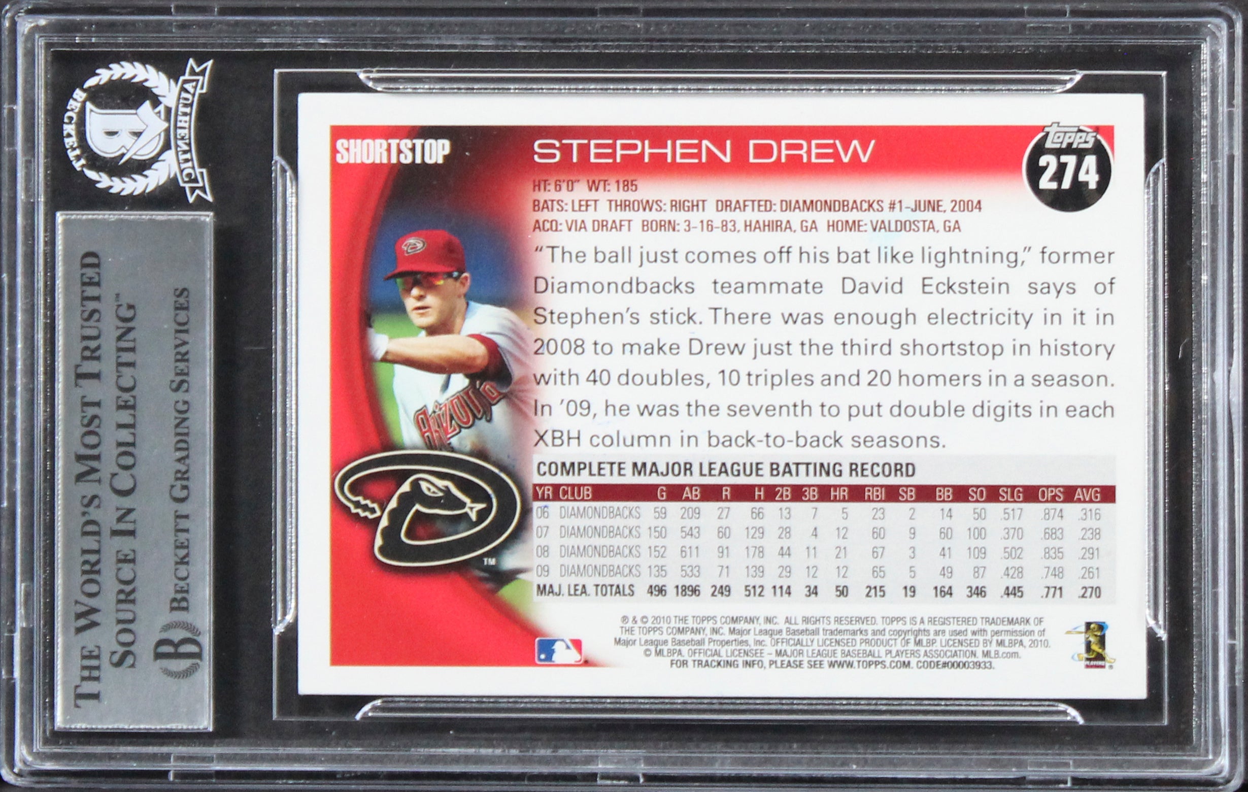 Diamondbacks Stephen Drew Authentic Signed 2010 Topps #274 Card BAS Slabbed