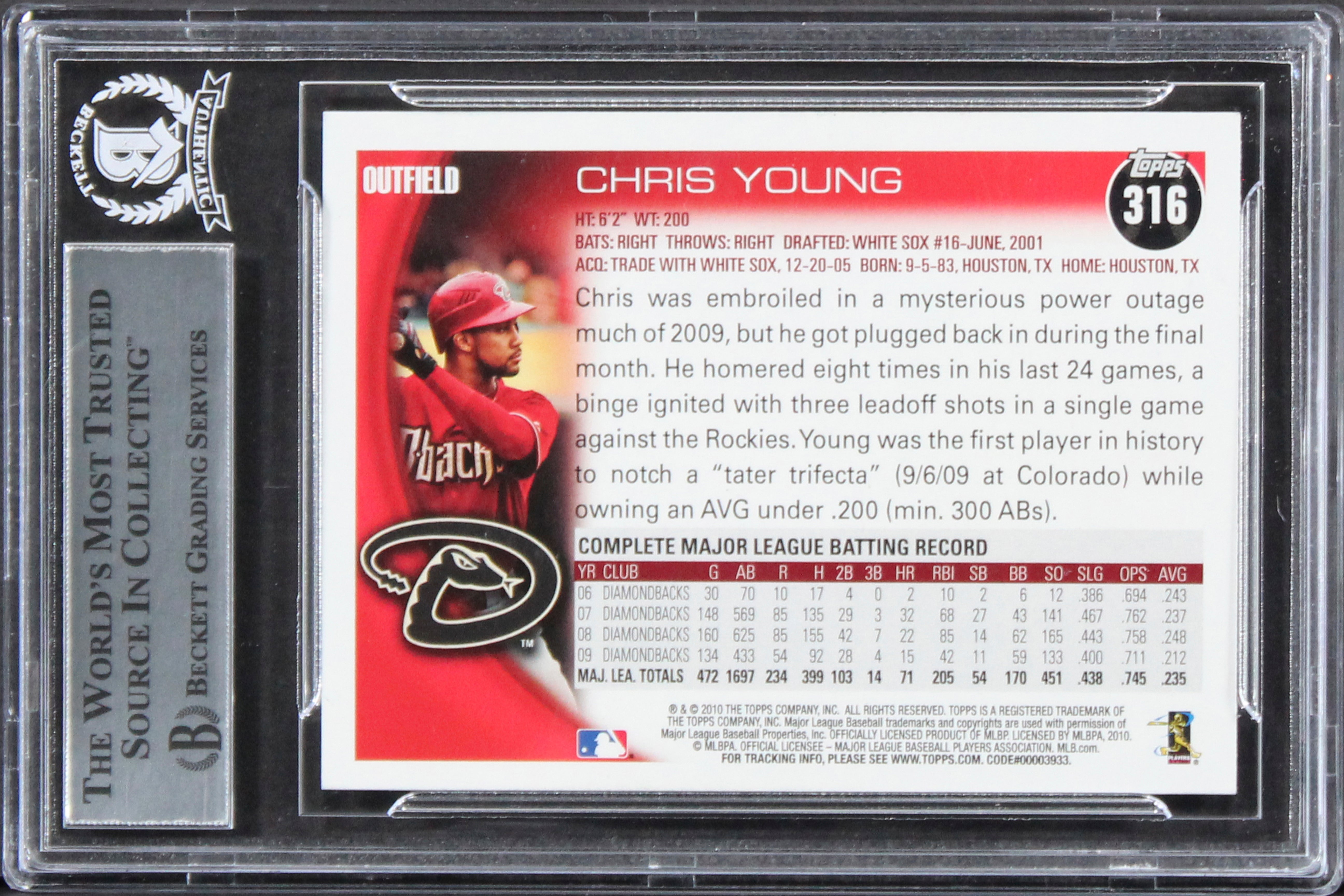 Diamondbacks Chris Young Authentic Signed 2010 Topps #316 Card BAS Slabbed