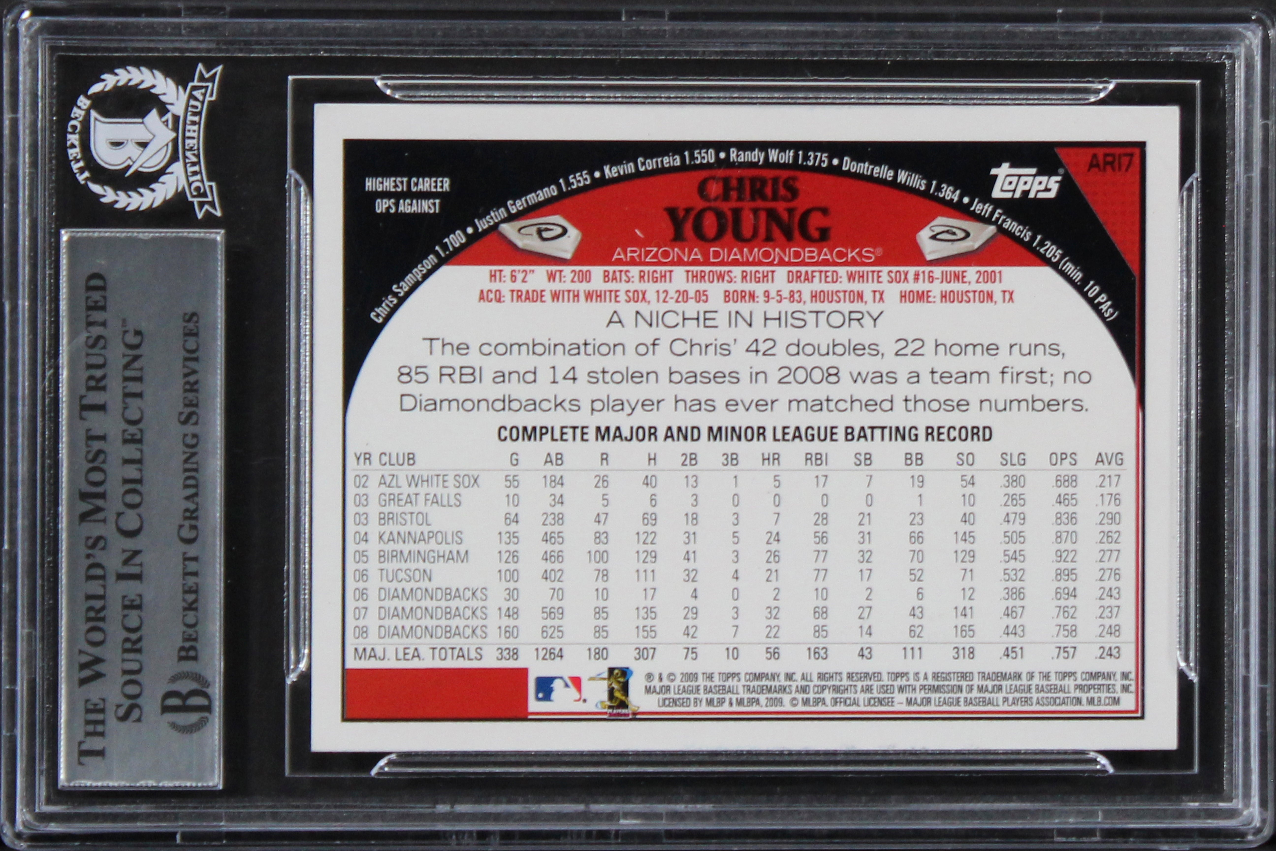 Diamondbacks Chris Young Authentic Signed 2009 Topps #ARI7 Card BAS Slabbed