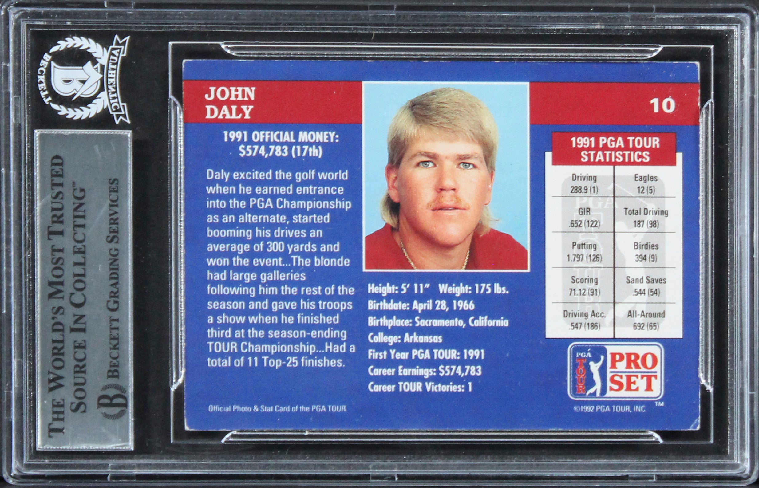 John Daly Authentic Signed 1992 Pro Set #10 Card Autographed BAS Slabbed
