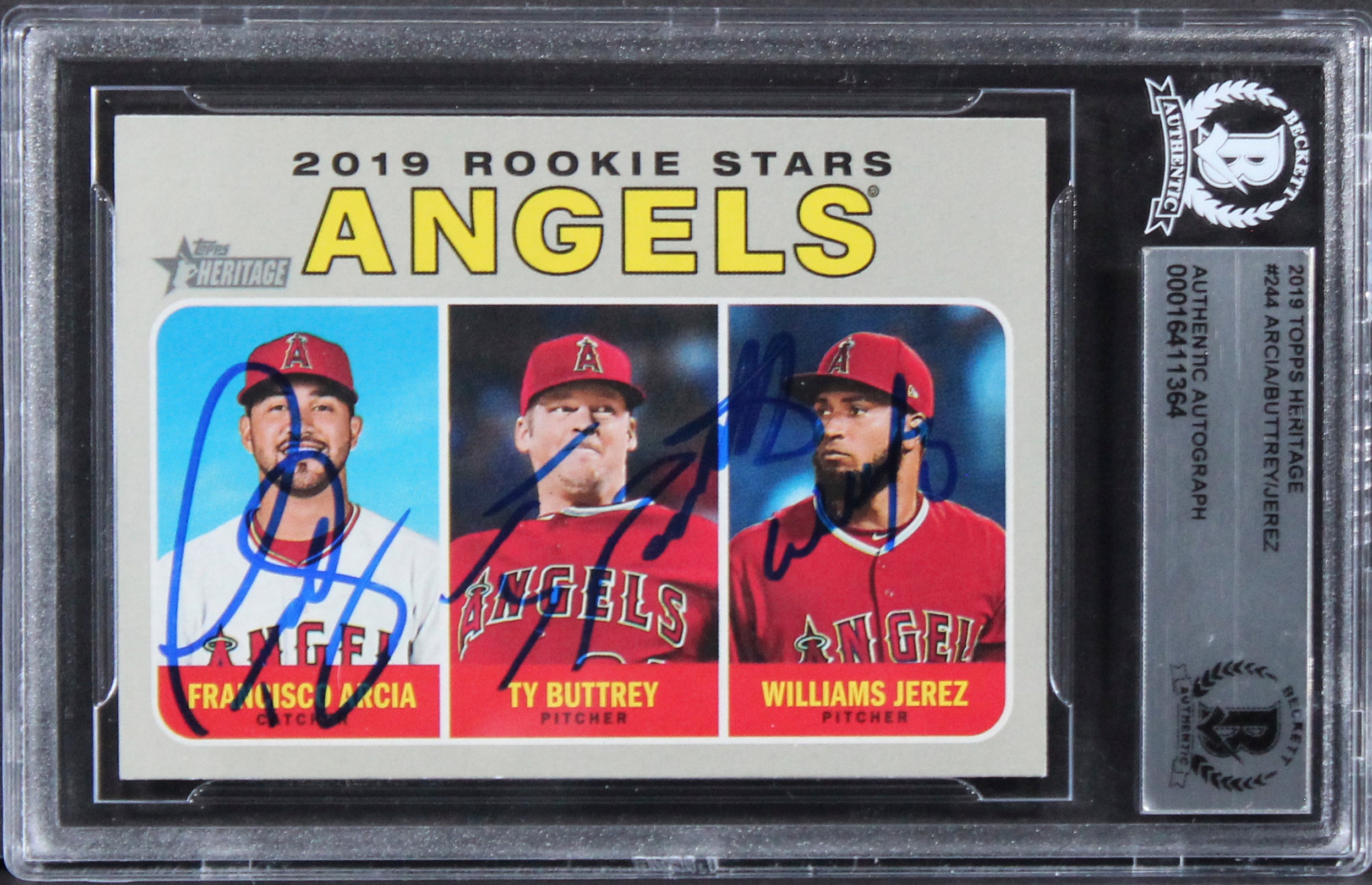 Angels (3) Arcia, Buttrey & Jerez Signed 2019 Topps Heritage #244 Card BAS Slab