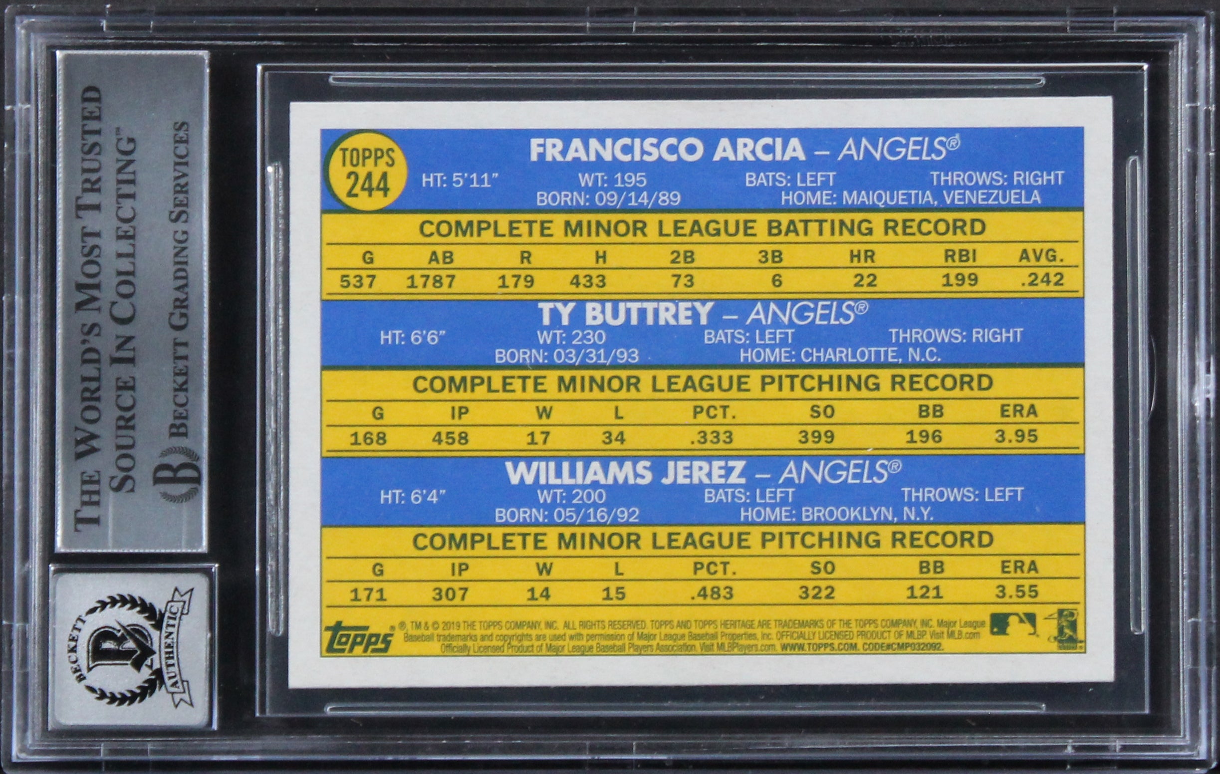 (3) Arcia, Buttrey, Jerez Signed 2019 Topps Heritage #244 Card Auto 10! BAS Slab