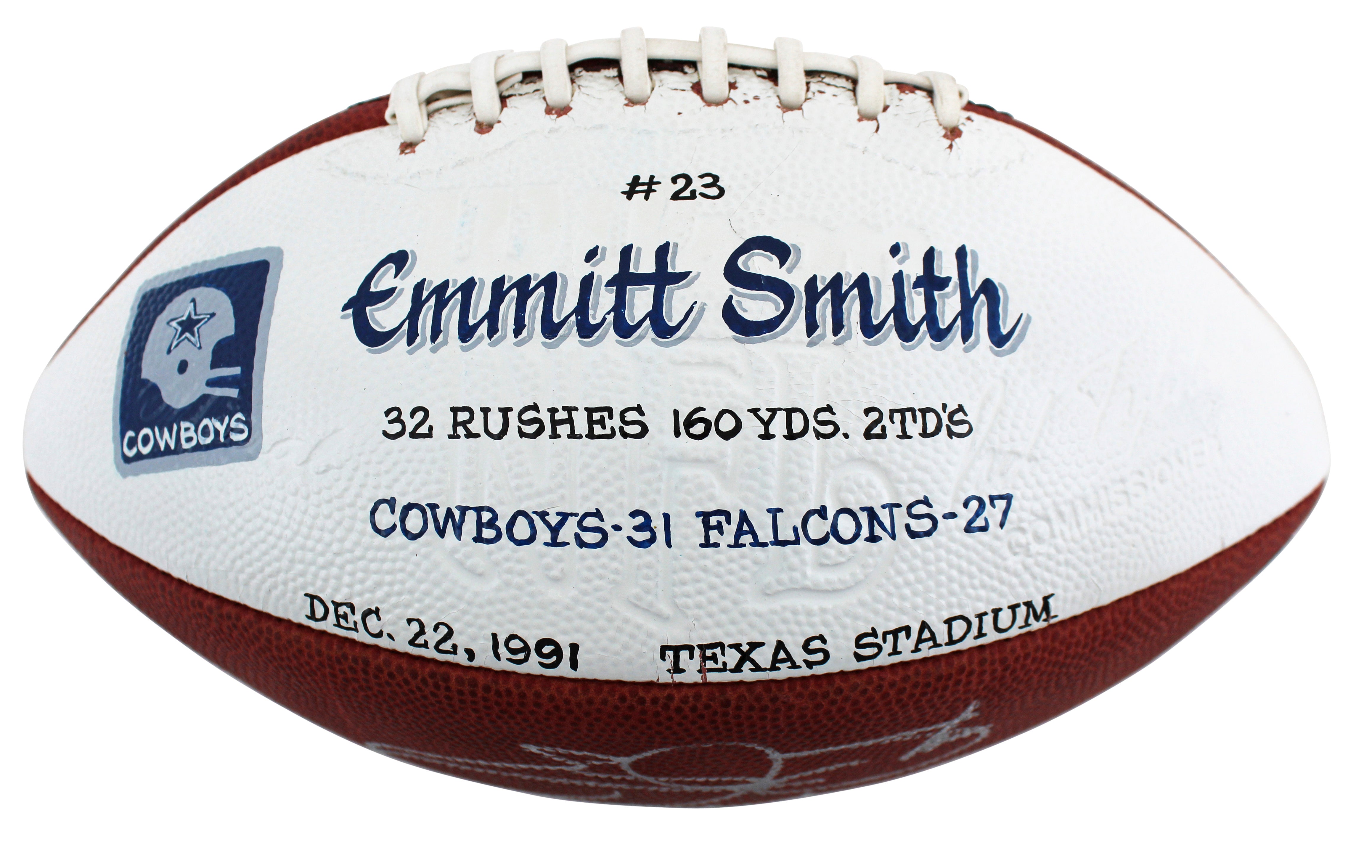 Cowboys Emmitt Smith "TD #23 - 12/22/1991" Signed GU Football BAS & Prova LOA