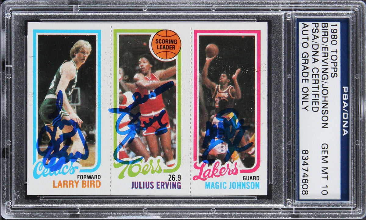 Bird, Erving & Magic Signed 1980 Topps Rookie Card Autos Graded 10! PSA Slabbed