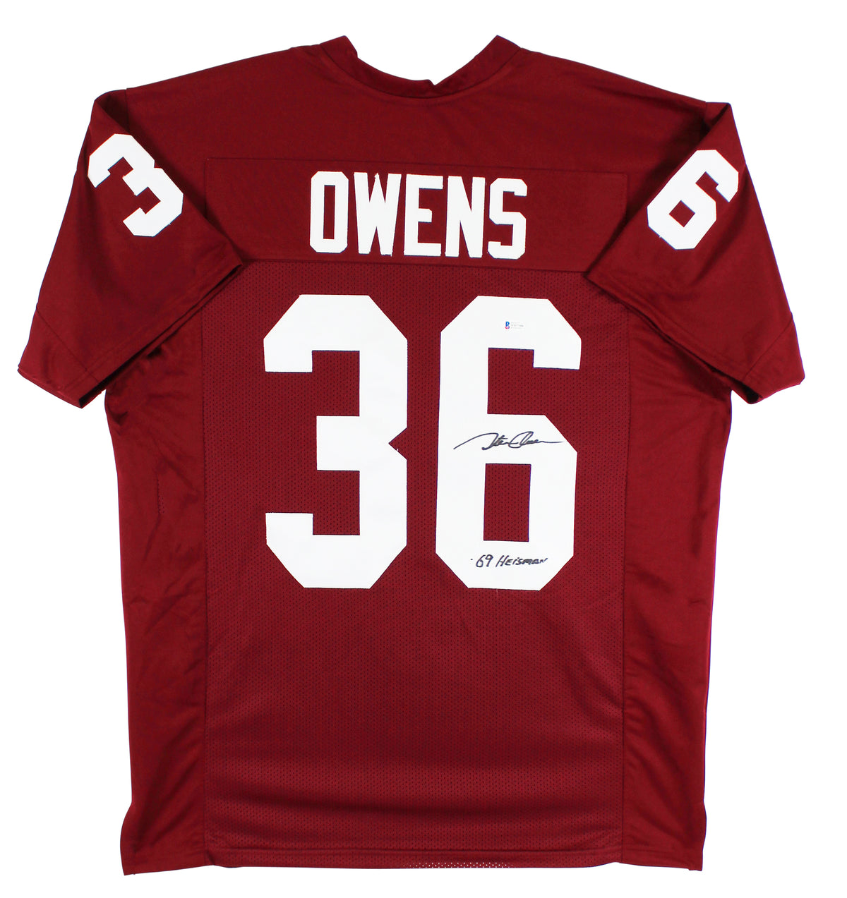 Oklahoma Steve Owens "Heisman 69" Signed Maroon Pro Style Jersey BAS Witnessed