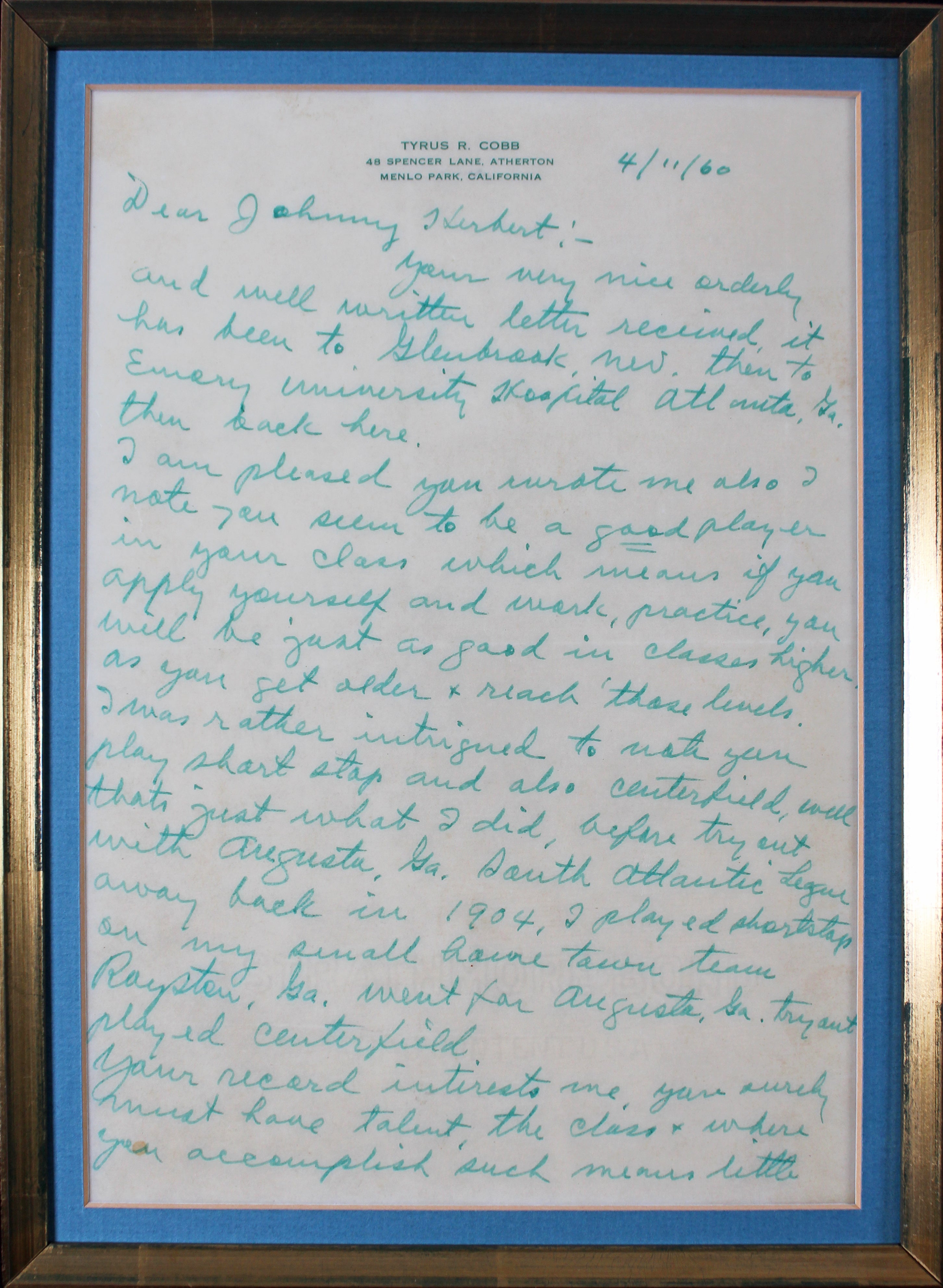 Tigers Ty Cobb Authentic Signed & Framed 3 Page 1960 Letter JSA #YY73275