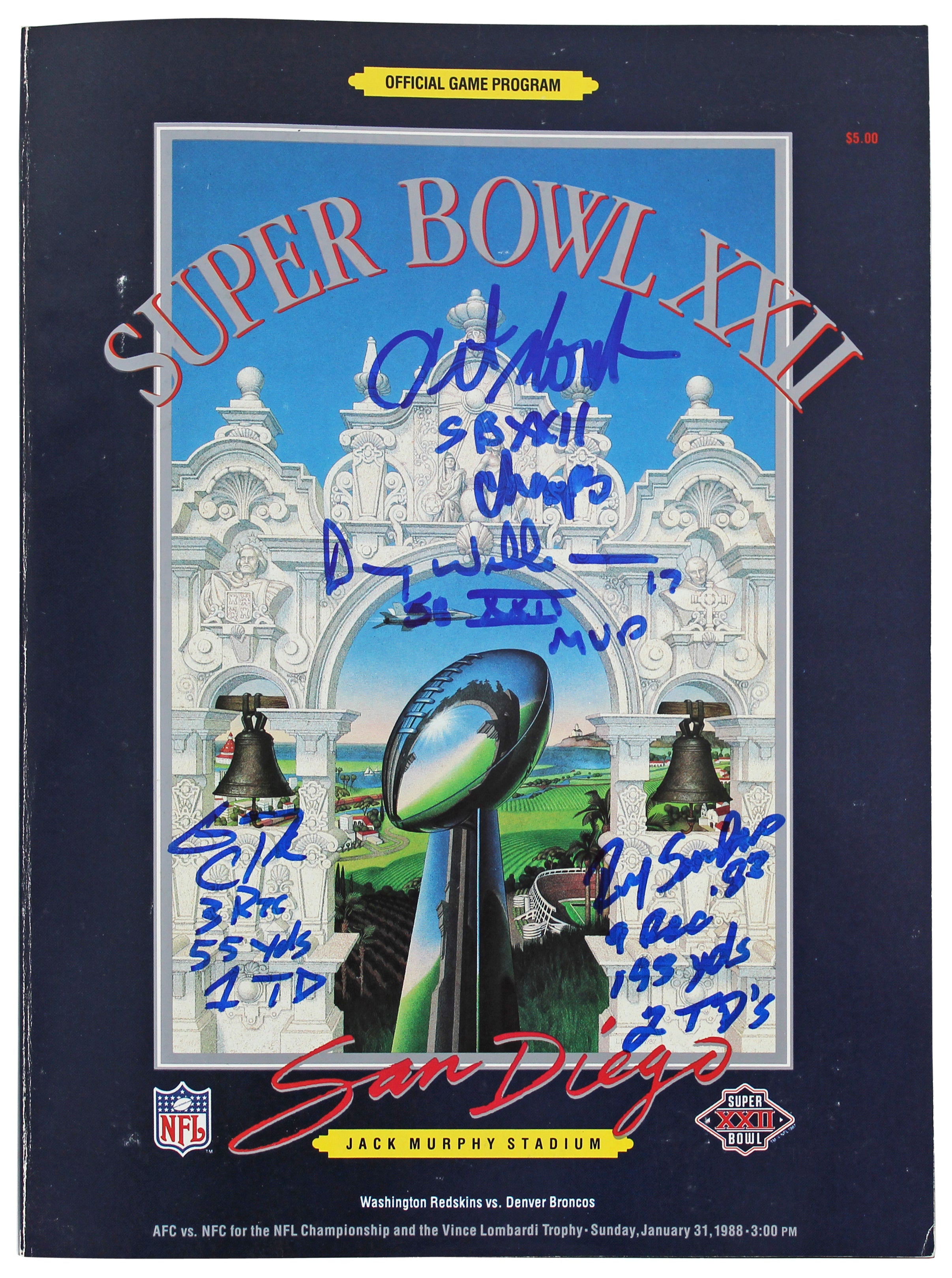 (4) Williams,  Monk, Clark & Sanders Signed Official SB XXII Program BAS Witness