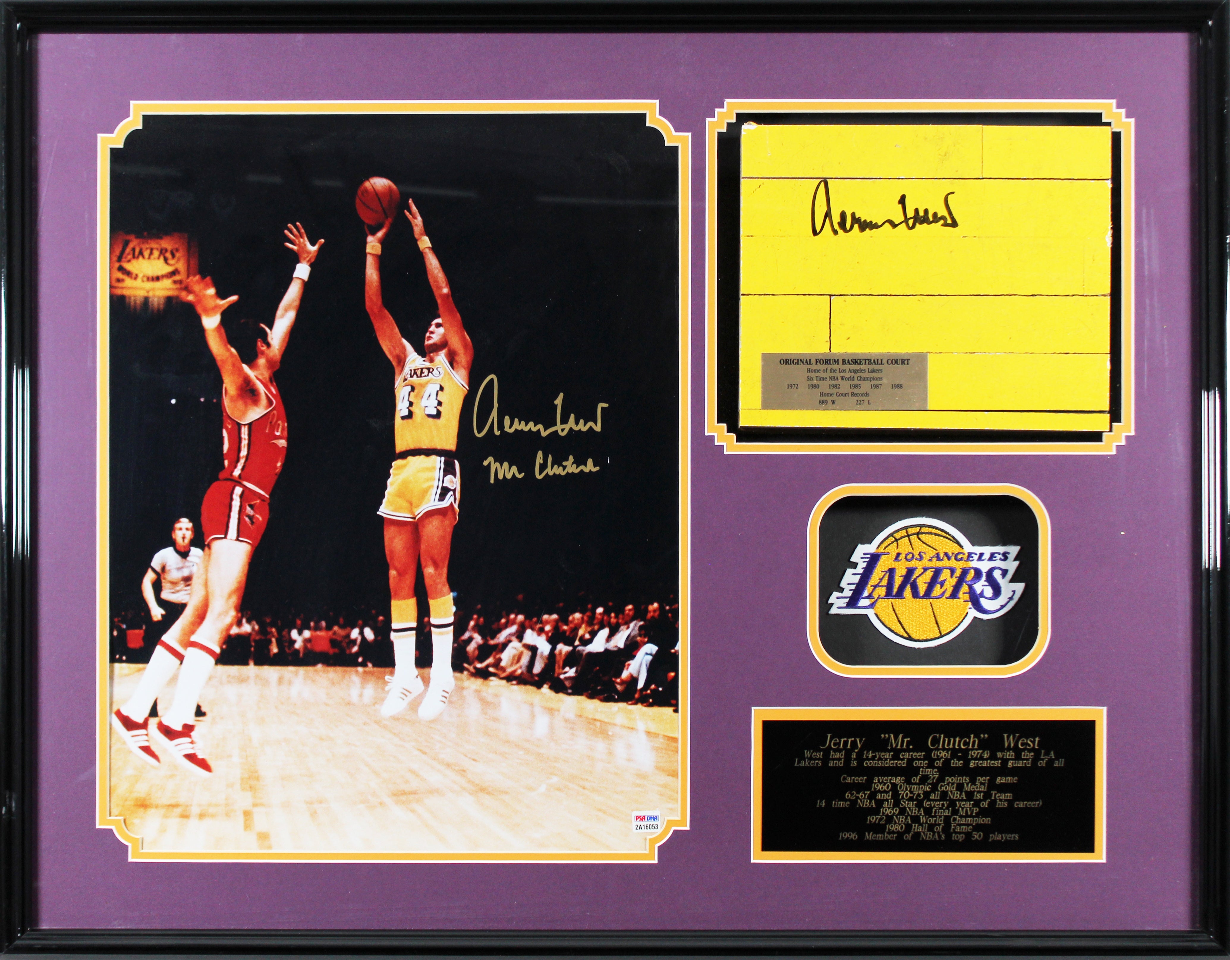 Jerry West "Mr Clutch" Signed Forum Floorboard  Framed Display BAS #AC26908