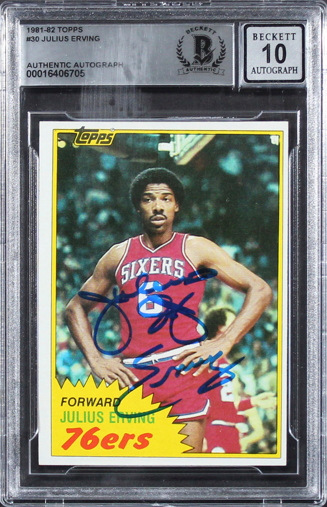 76ers Julius "Dr. J." Erving Signed 1981 Topps #30 Card Auto 10! BAS Slabbed