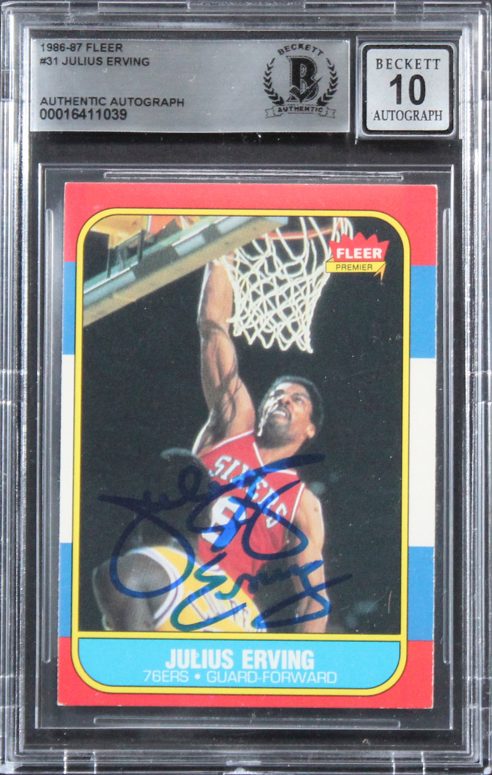 76ers Julius "Dr. J." Erving Signed 1986 Fleer #31 Card Auto 10! BAS Slabbed