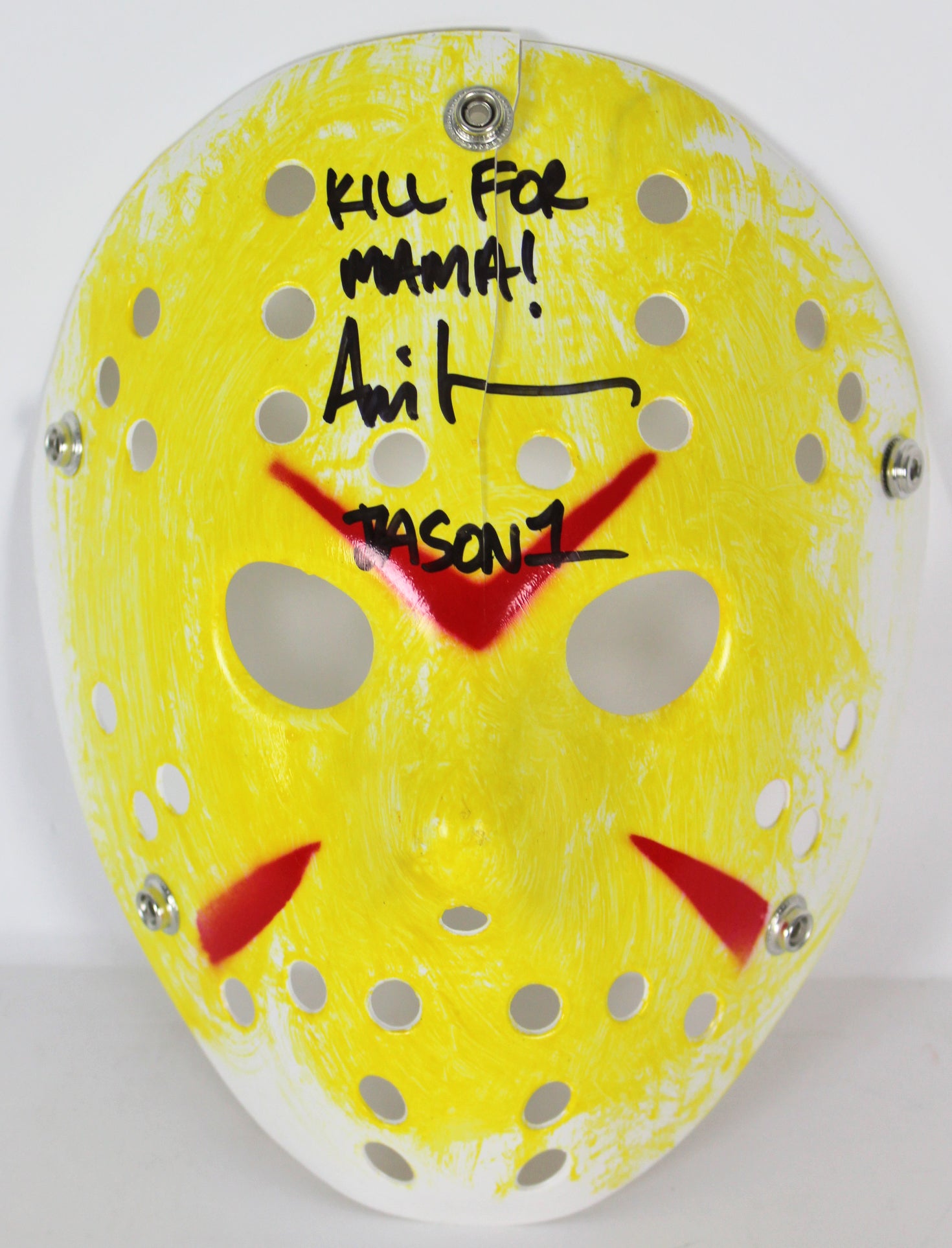 Ari Lehman Friday The 13th "Kill For Mama!" Signed Yellow Jason Mask BAS #D67491