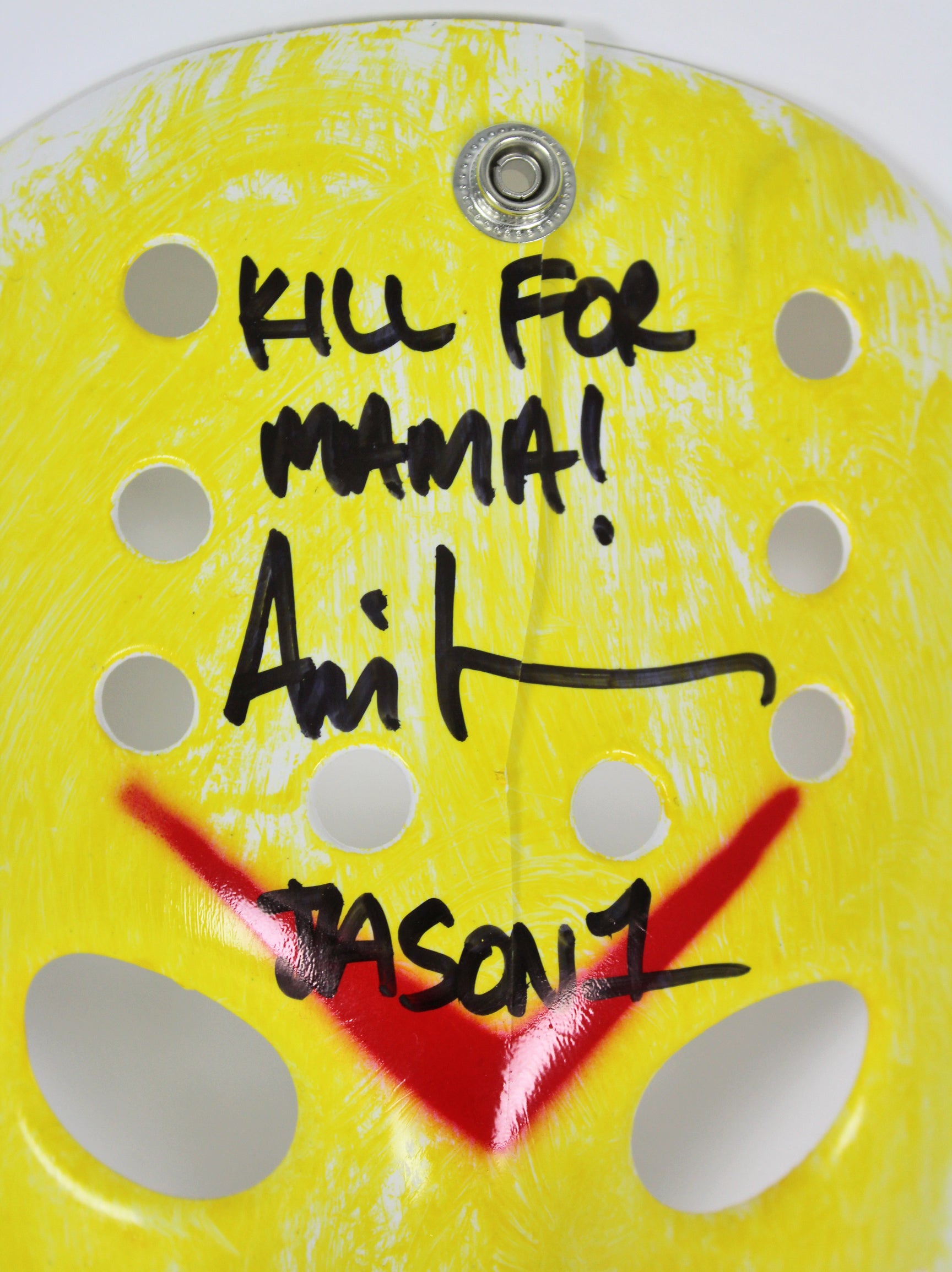 Ari Lehman Friday The 13th "Kill For Mama!" Signed Yellow Jason Mask BAS #D67491