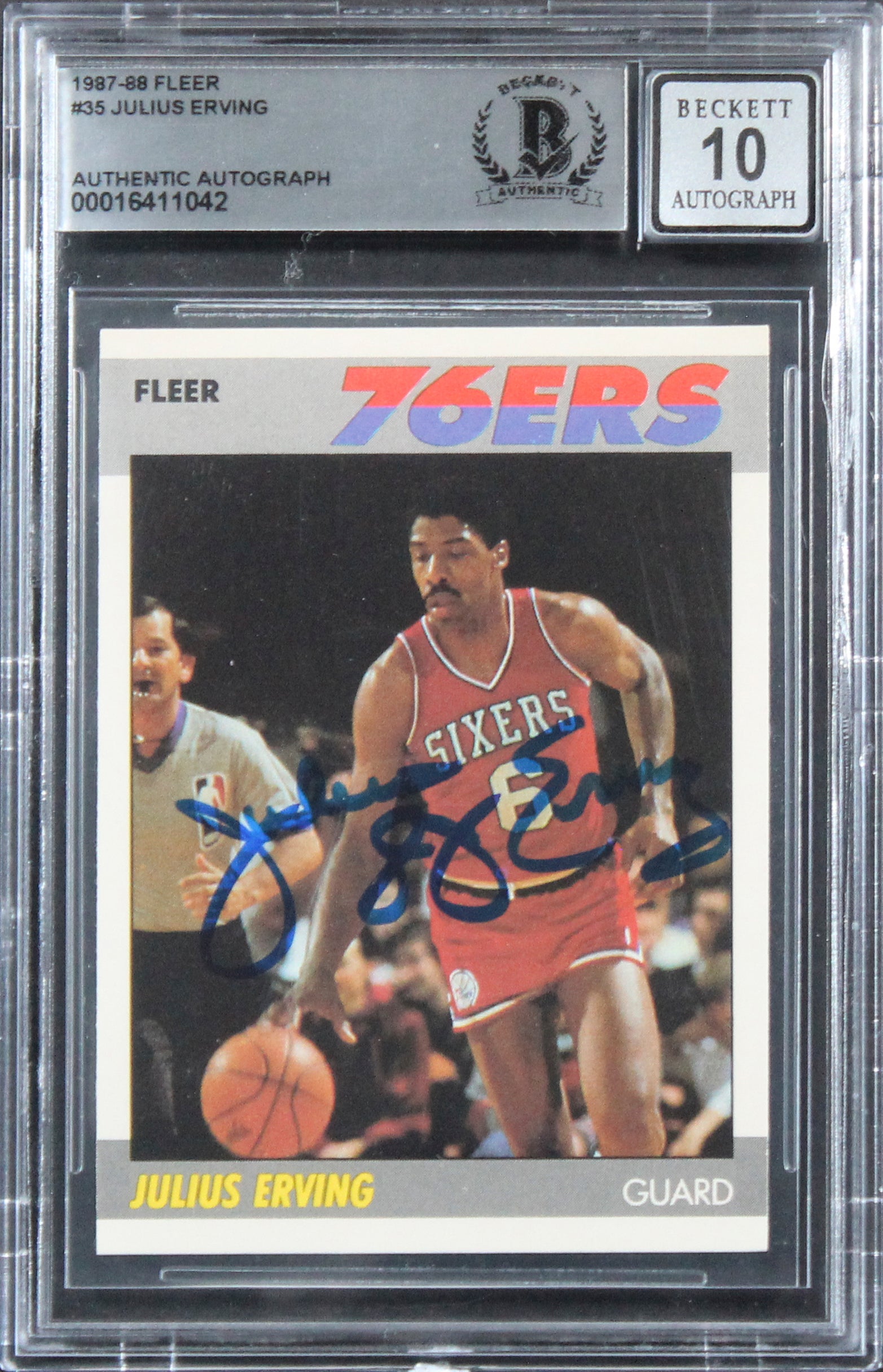 76ers Julius "Dr. J." Erving Signed 1987 Fleer #35 Card Auto 10! BAS Slabbed