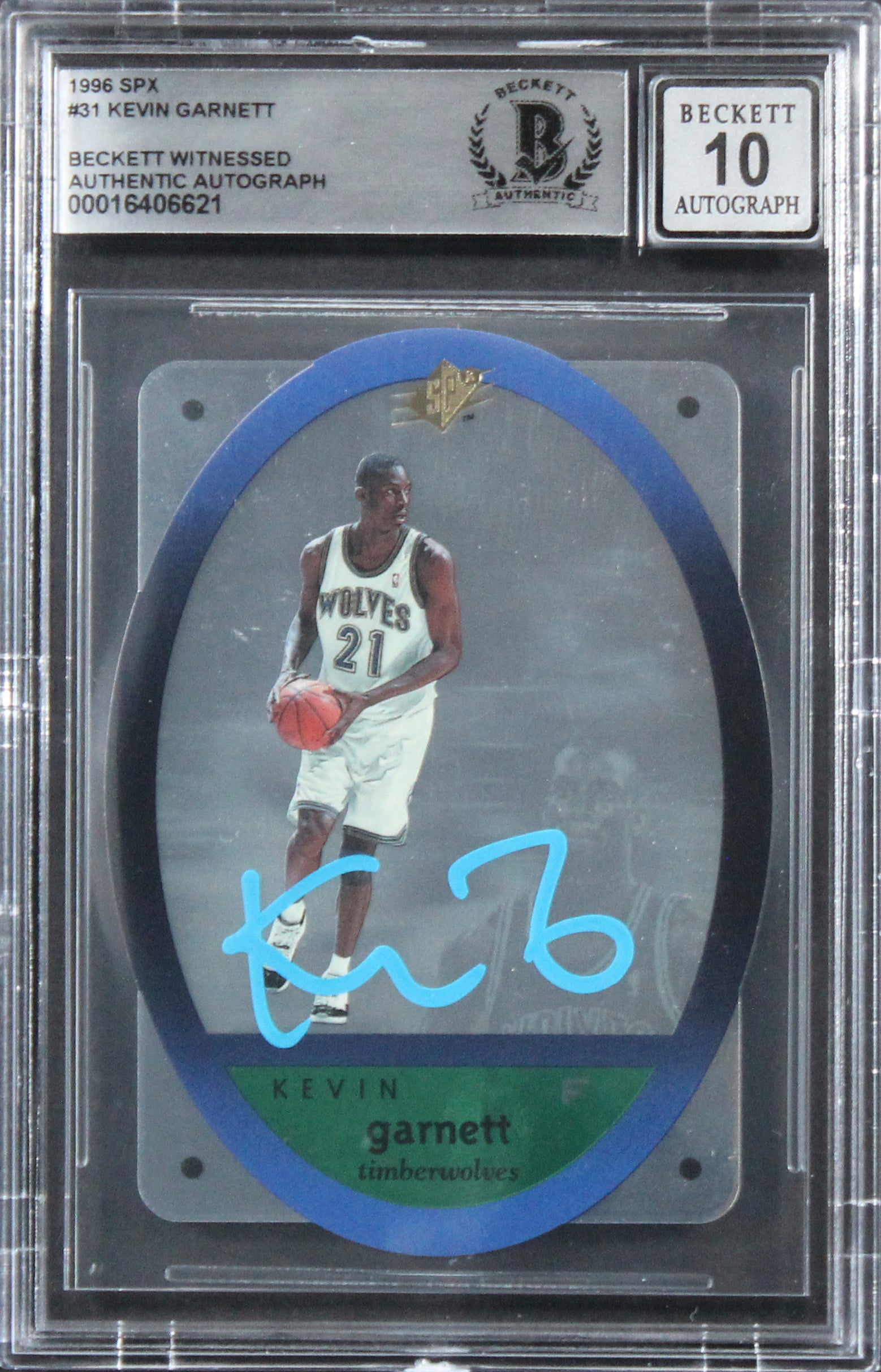 Timberwolves Kevin Garnett Signed 1996 SPX #31 Card Auto 10! BAS Slabbed