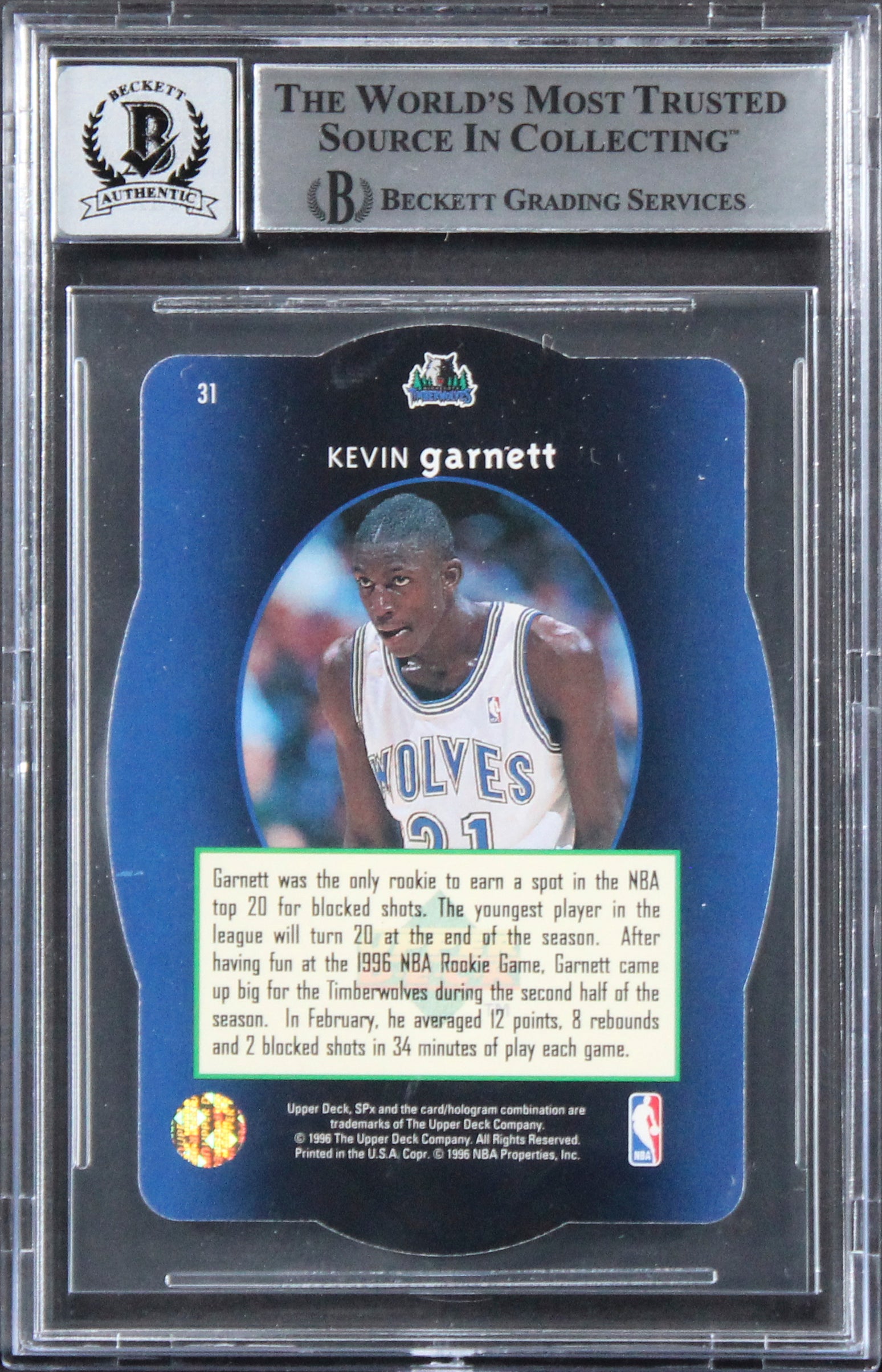 Timberwolves Kevin Garnett Signed 1996 SPX #31 Card Auto 10! BAS Slabbed