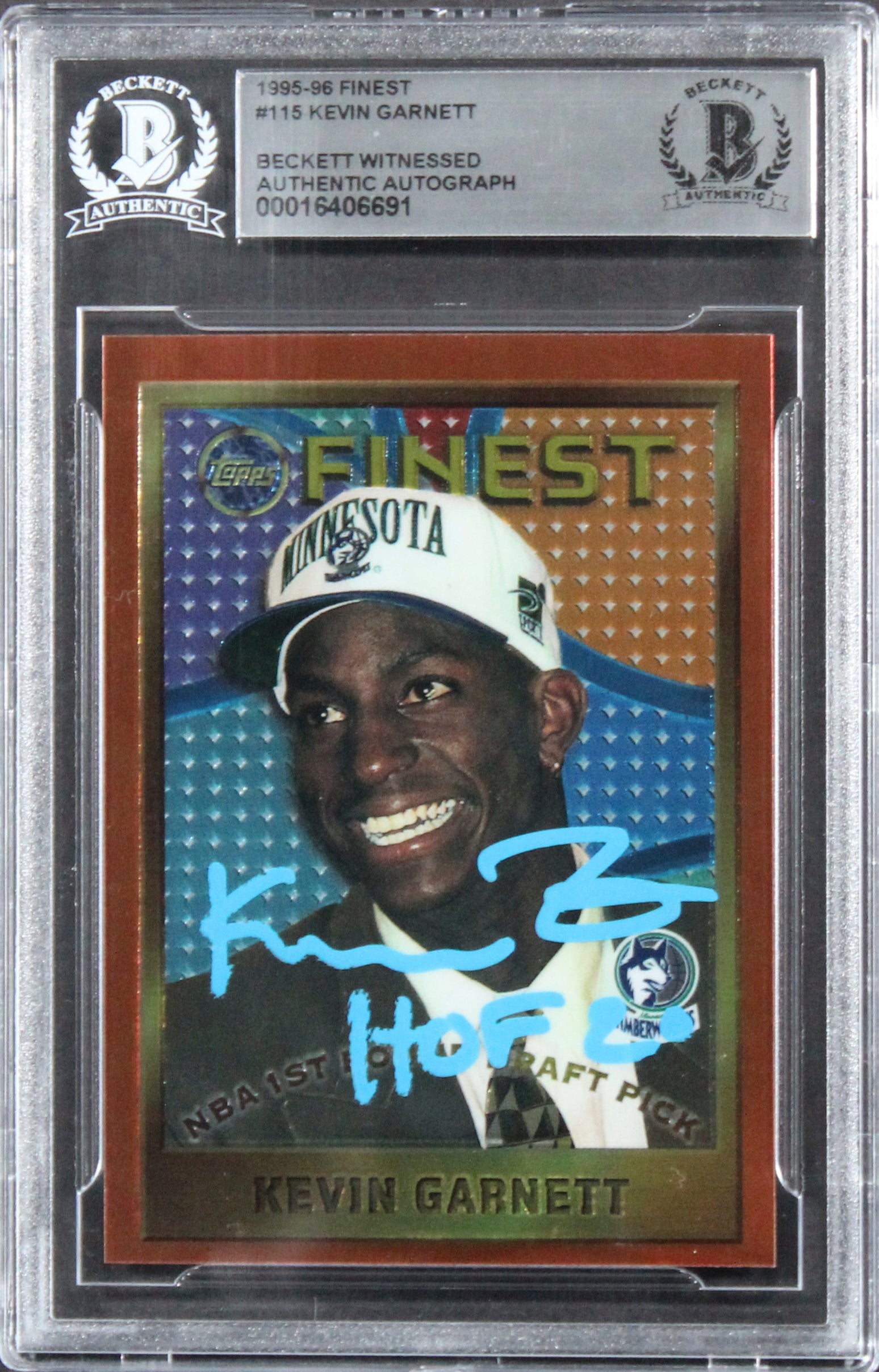 Timberwolves Kevin Garnett "HOF 2020" Signed 1995 Finest #115 RC Card BAS Slab