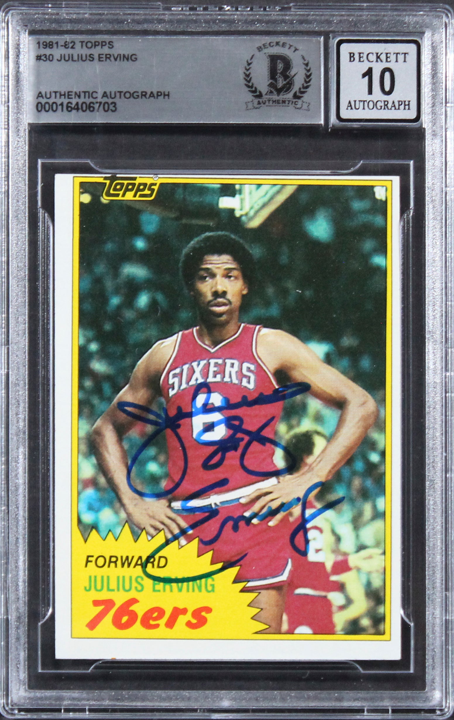 76ers Julius "Dr. J." Erving Signed 1981 Topps #30 Card Auto 10! BAS Slab 2