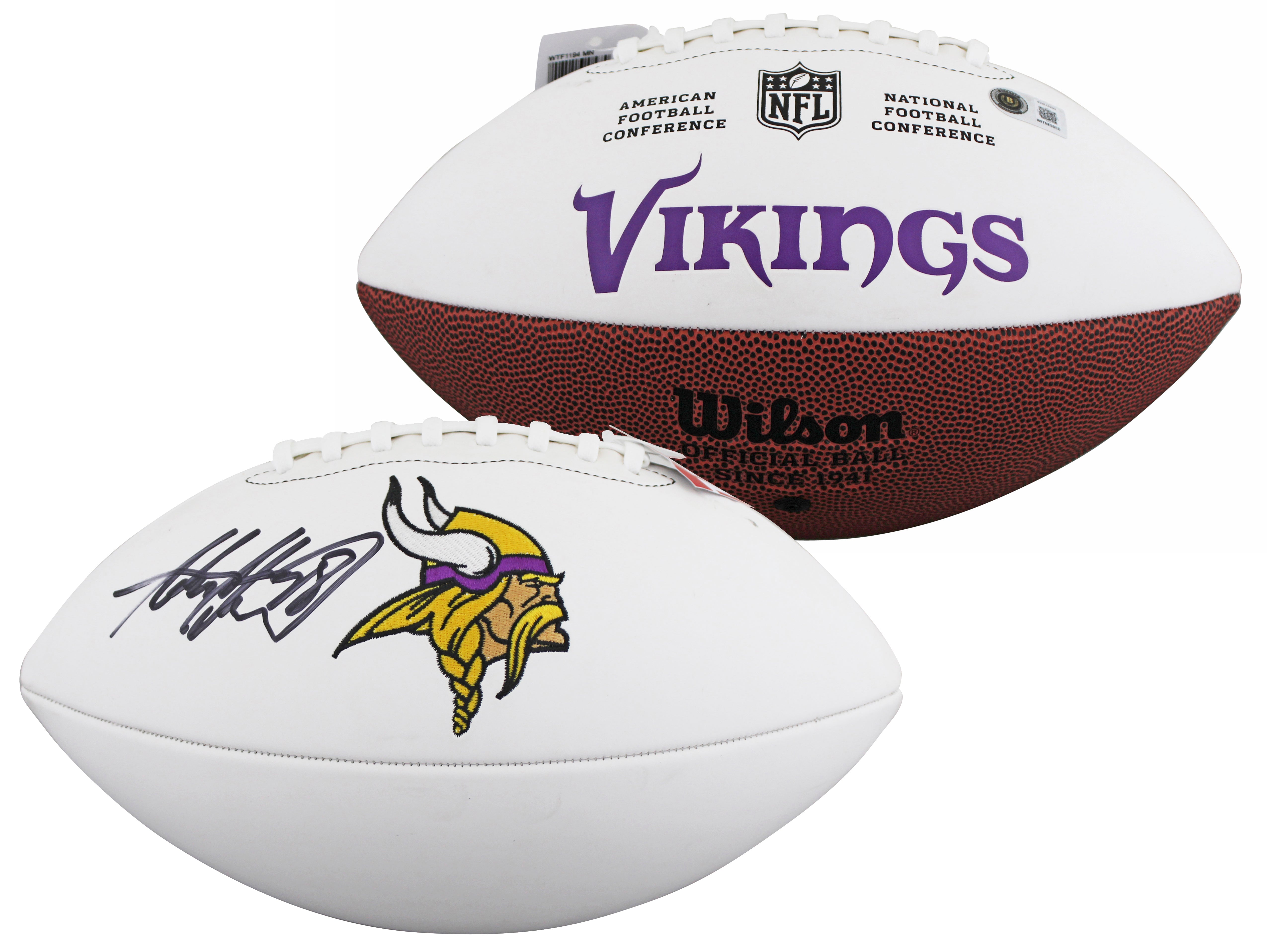 Vikings Adrian Peterson Signed Wilson White Panel Logo Football BAS Witnessed