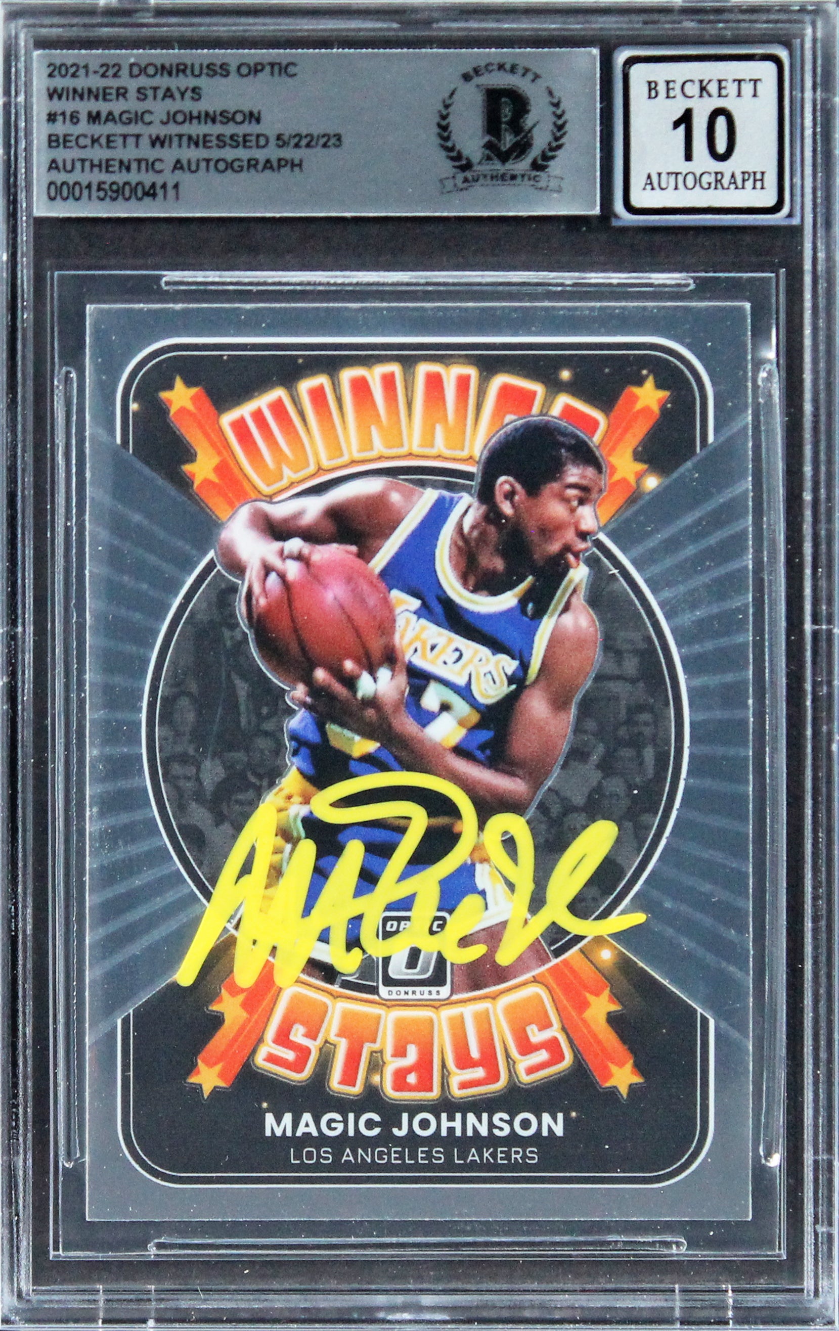 Magic Johnson Signed 2021 Donruss Optic Winner Stays #16 Card Auto 10! BAS Slab