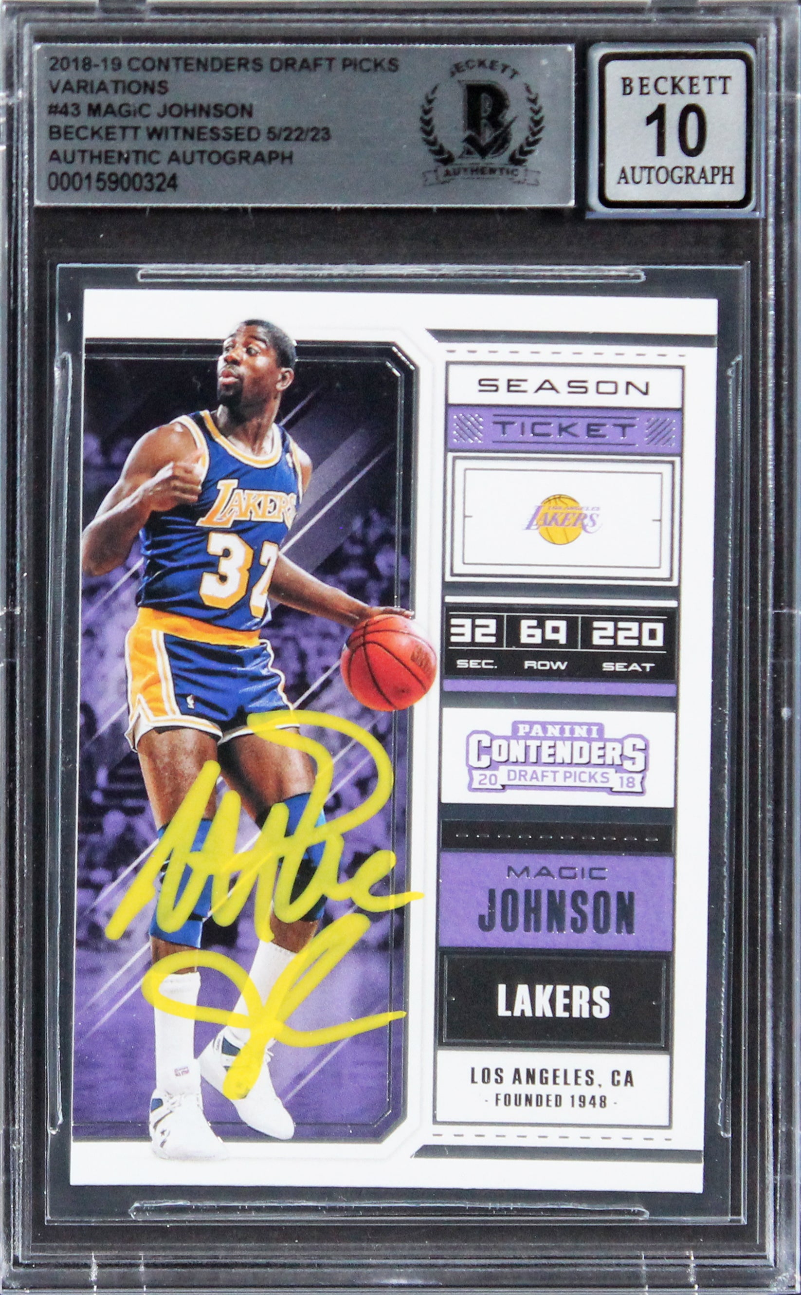 Magic Johnson Signed 2018 Contenders Draft Picks Var #43 Card Auto 10! BAS Slab