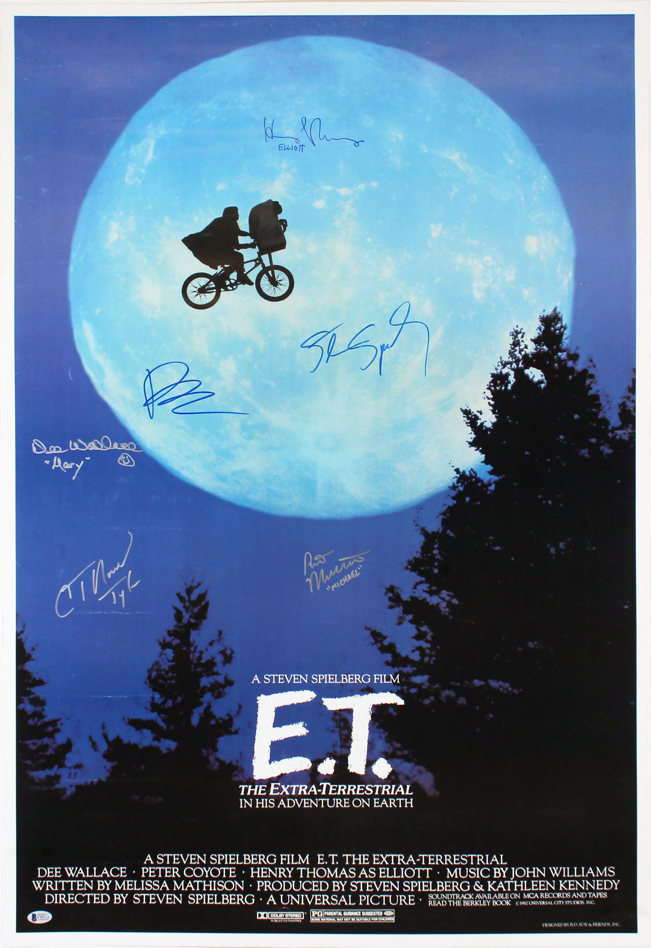 E.T. (6) Spielberg, Barrymore Signed 26.5x38.5 Linen Backed Poster BAS #C96113