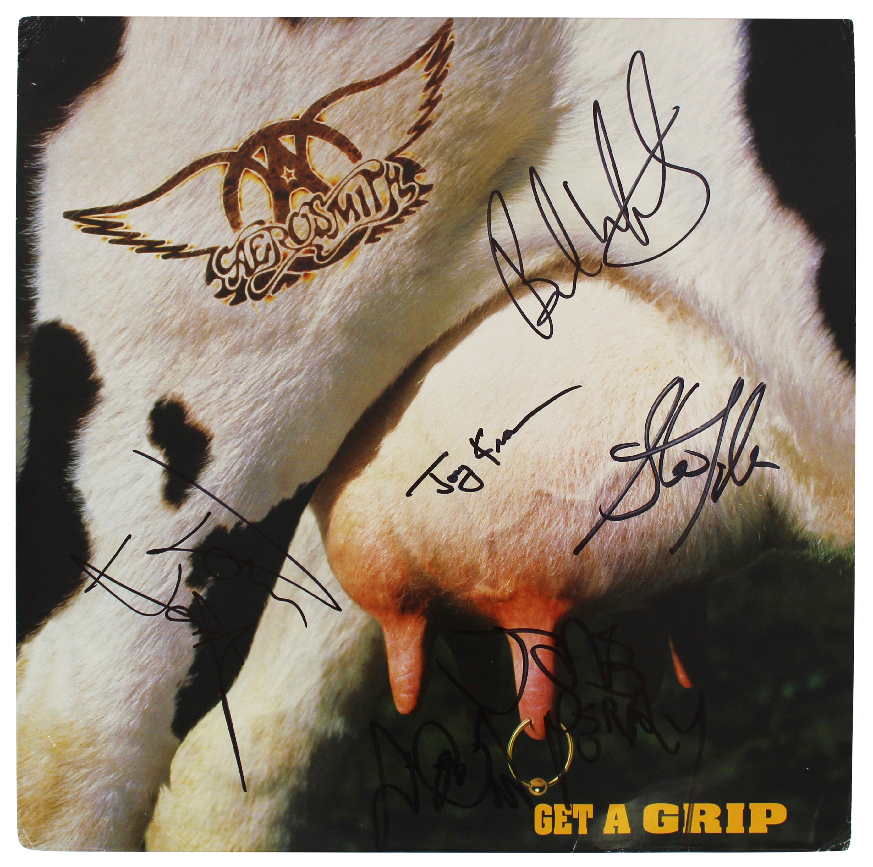 Aerosmith (5) Tyler, Perry, Hamilton +2 Signed Get A Grip Album Cover BAS LOA