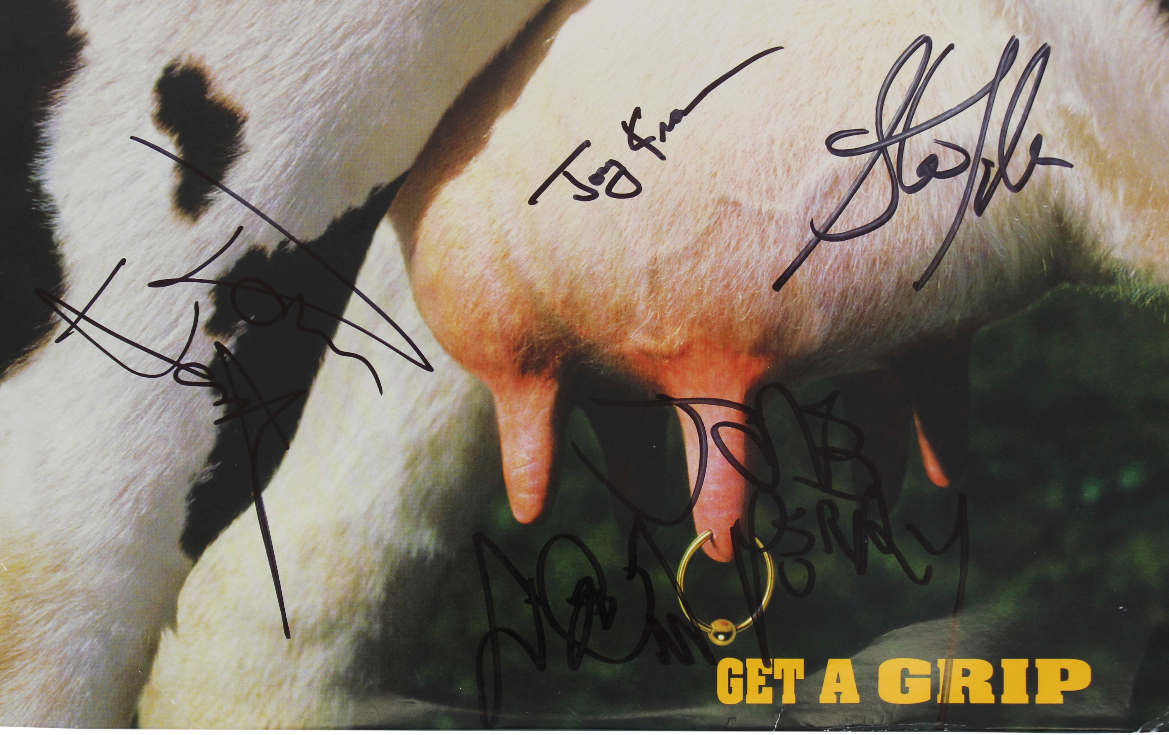 Aerosmith (5) Tyler, Perry, Hamilton +2 Signed Get A Grip Album Cover BAS LOA
