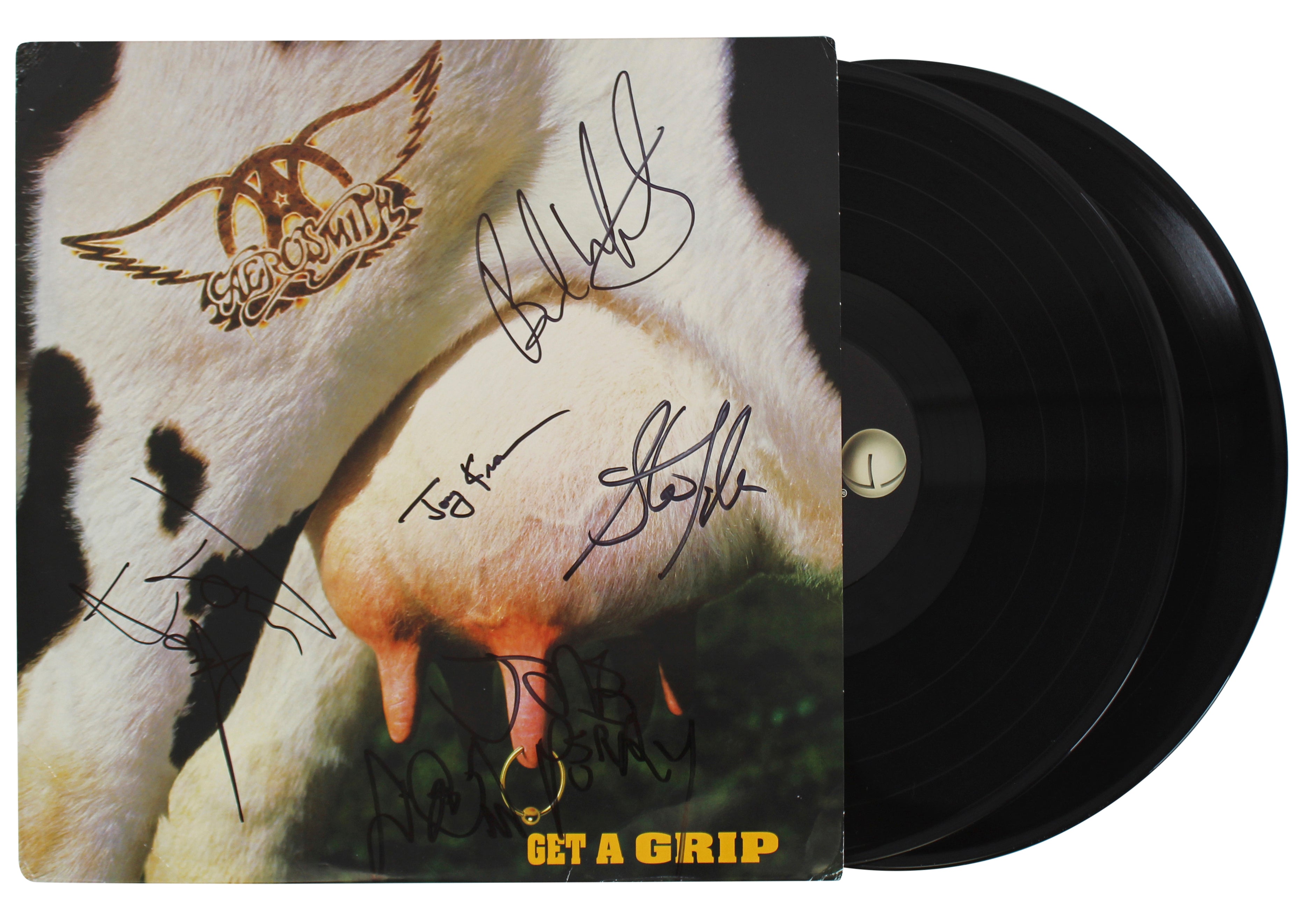 Aerosmith (5) Tyler, Perry, Hamilton +2 Signed Get A Grip Album Cover BAS LOA