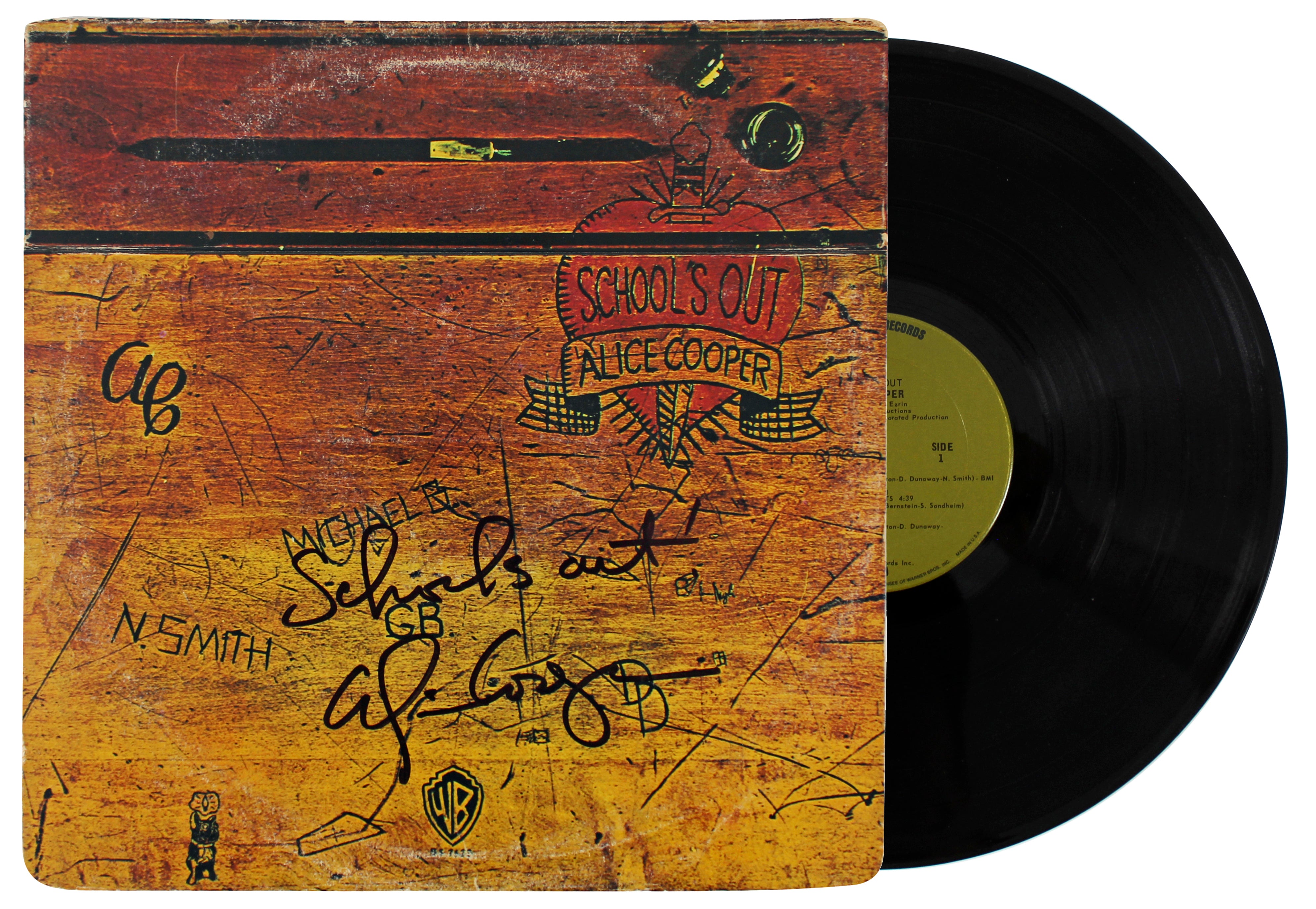 Alice Cooper "Schools Out" Authentic Signed Album Cover W/ Vinyl BAS Witnessed 2