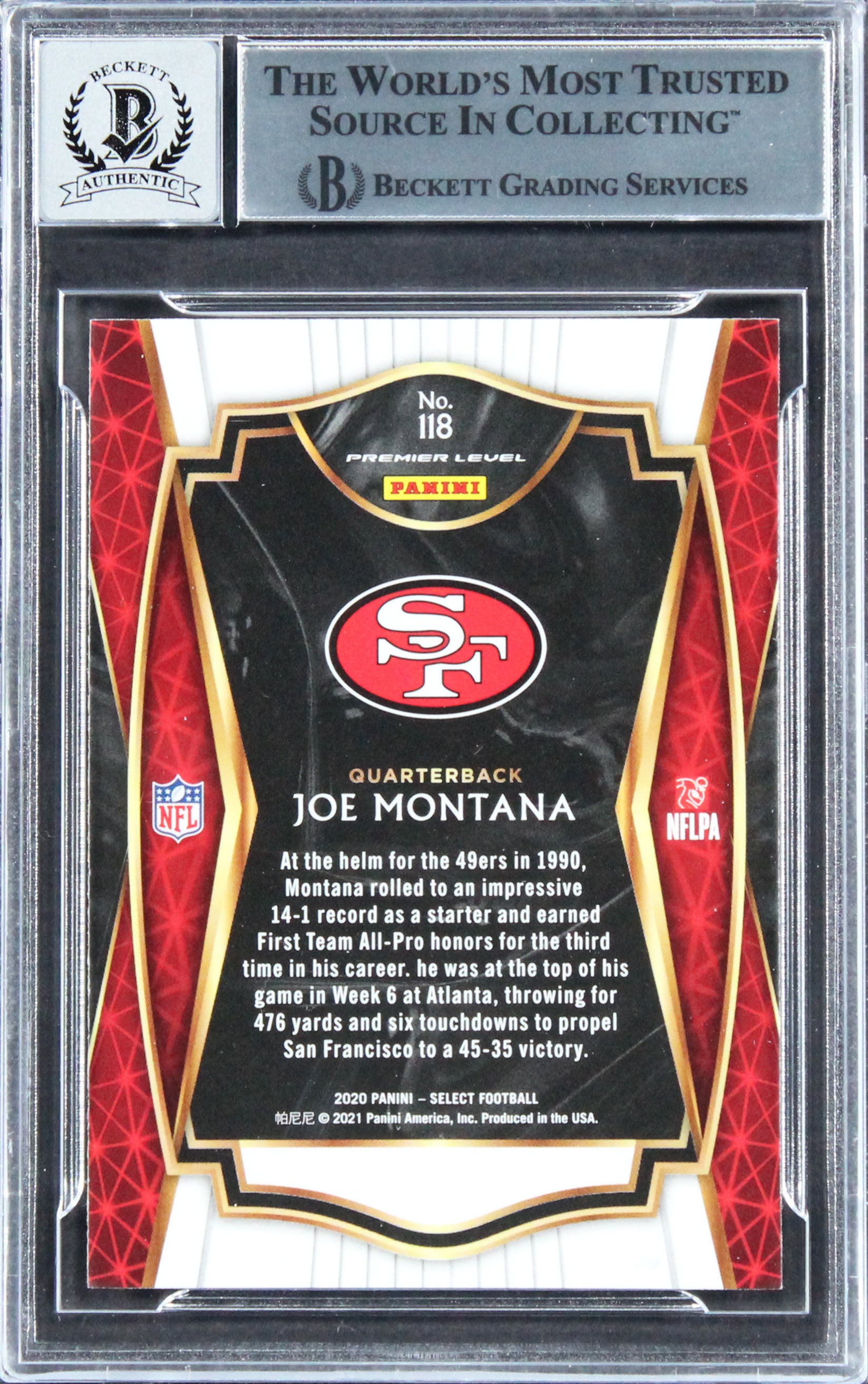 49ers Joe Montana Authentic Signed 2020 Select #118 Card Auto 10! BAS Slabbed