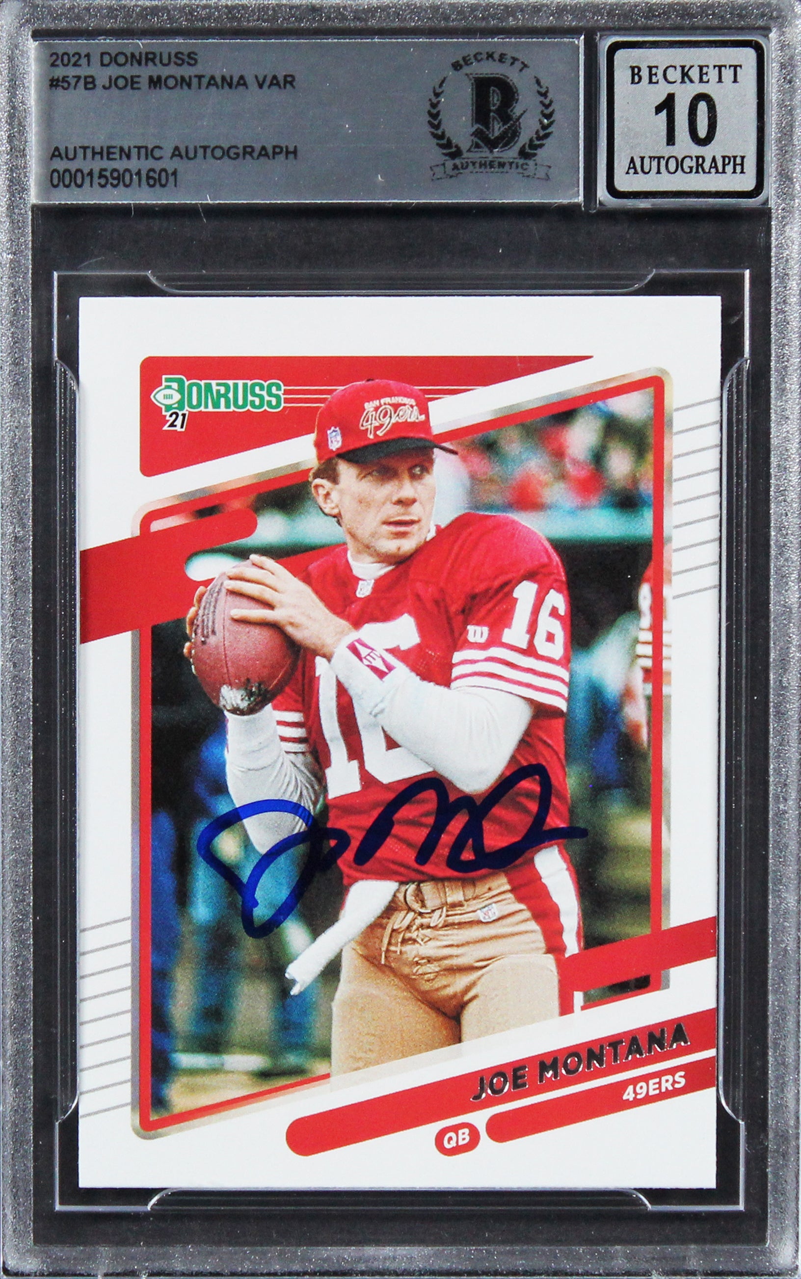 49ers Joe Montana Signed 2021 Donruss #57B Var Card Auto Graded 10! BAS Slabbed