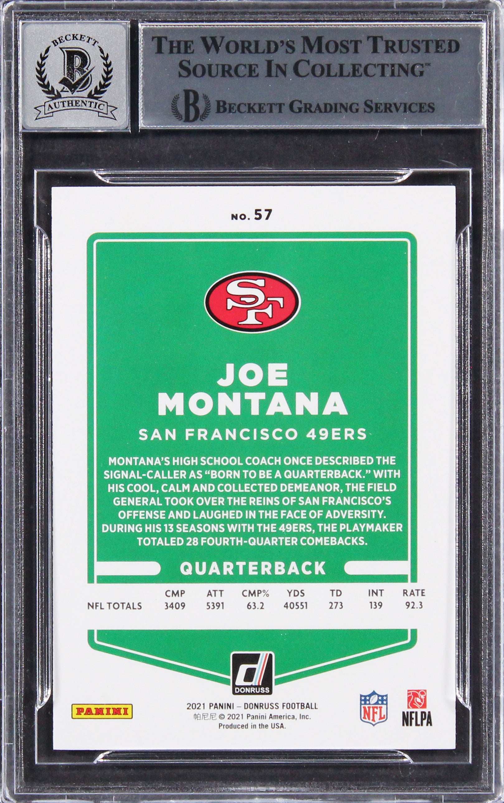 49ers Joe Montana Signed 2021 Donruss #57B Var Card Auto Graded 10! BAS Slabbed