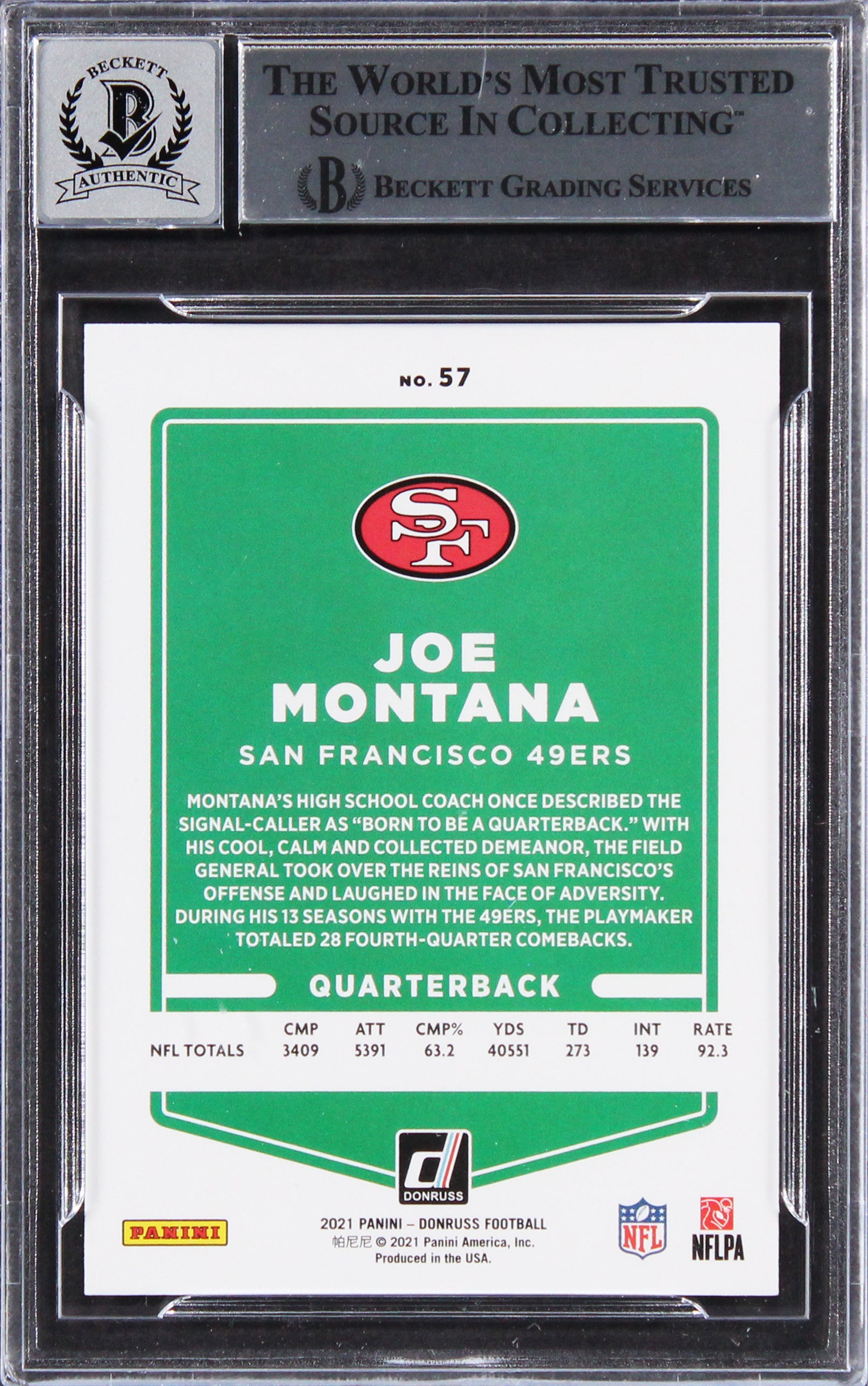 49ers Joe Montana Authentic Signed 2021 Donruss #57A Card Auto 10! BAS Slabbed