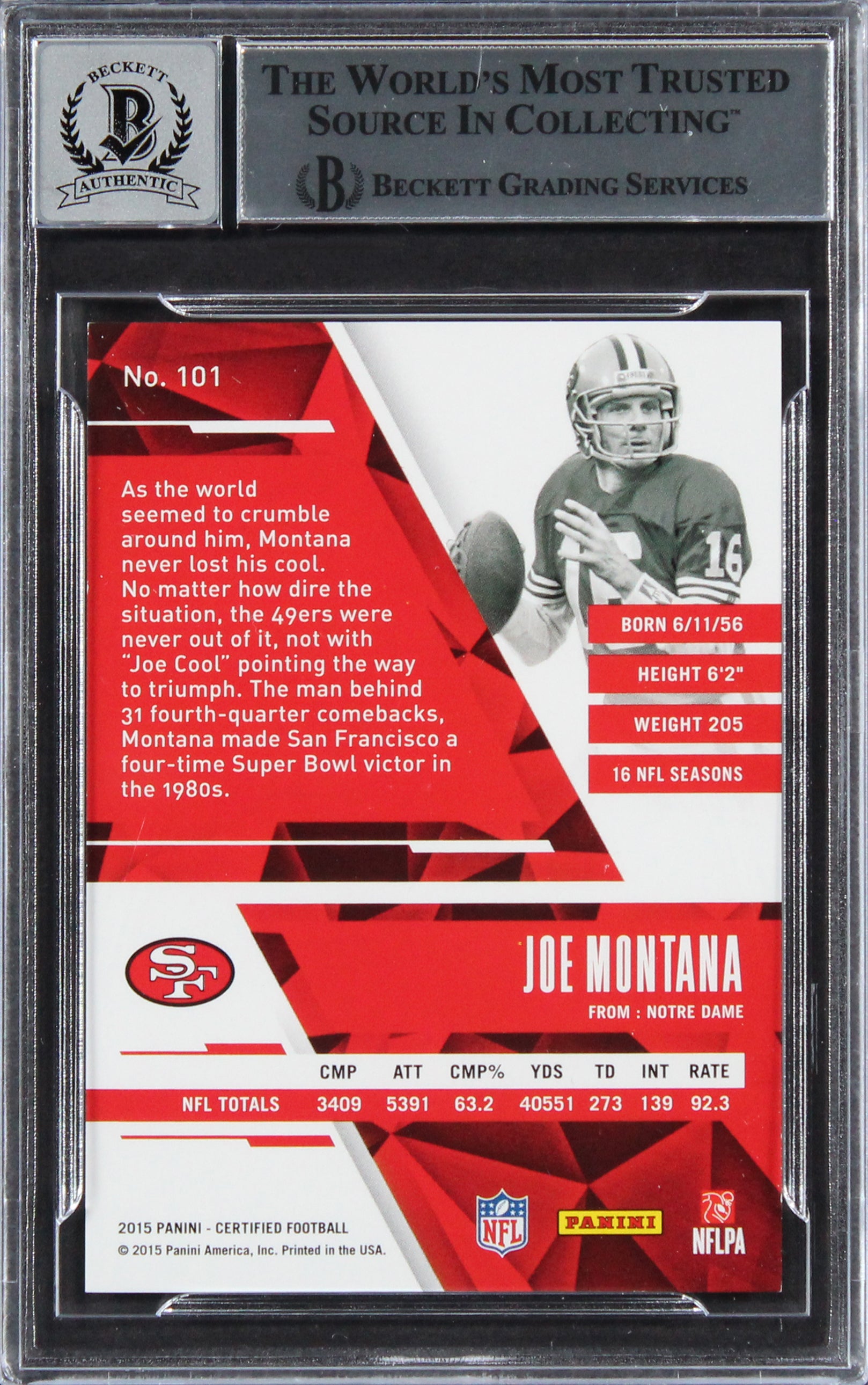 49ers Joe Montana Authentic Signed 2015 Certified #101 Card Auto 10! BAS Slabbed