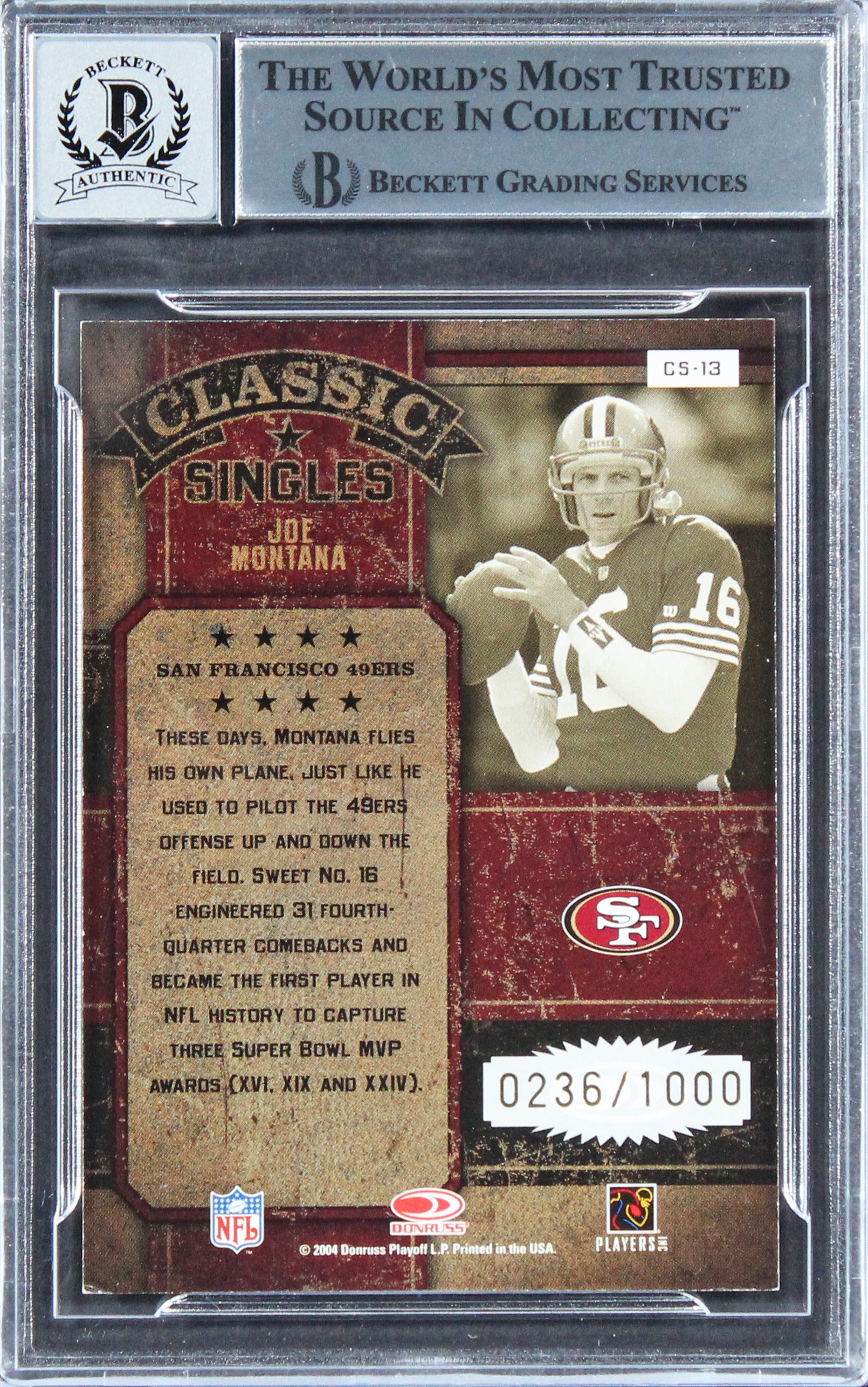 49ers Joe Montana Signed 2008 Donruss Classics  #CS13 Card Auto 10! BAS Slabbed